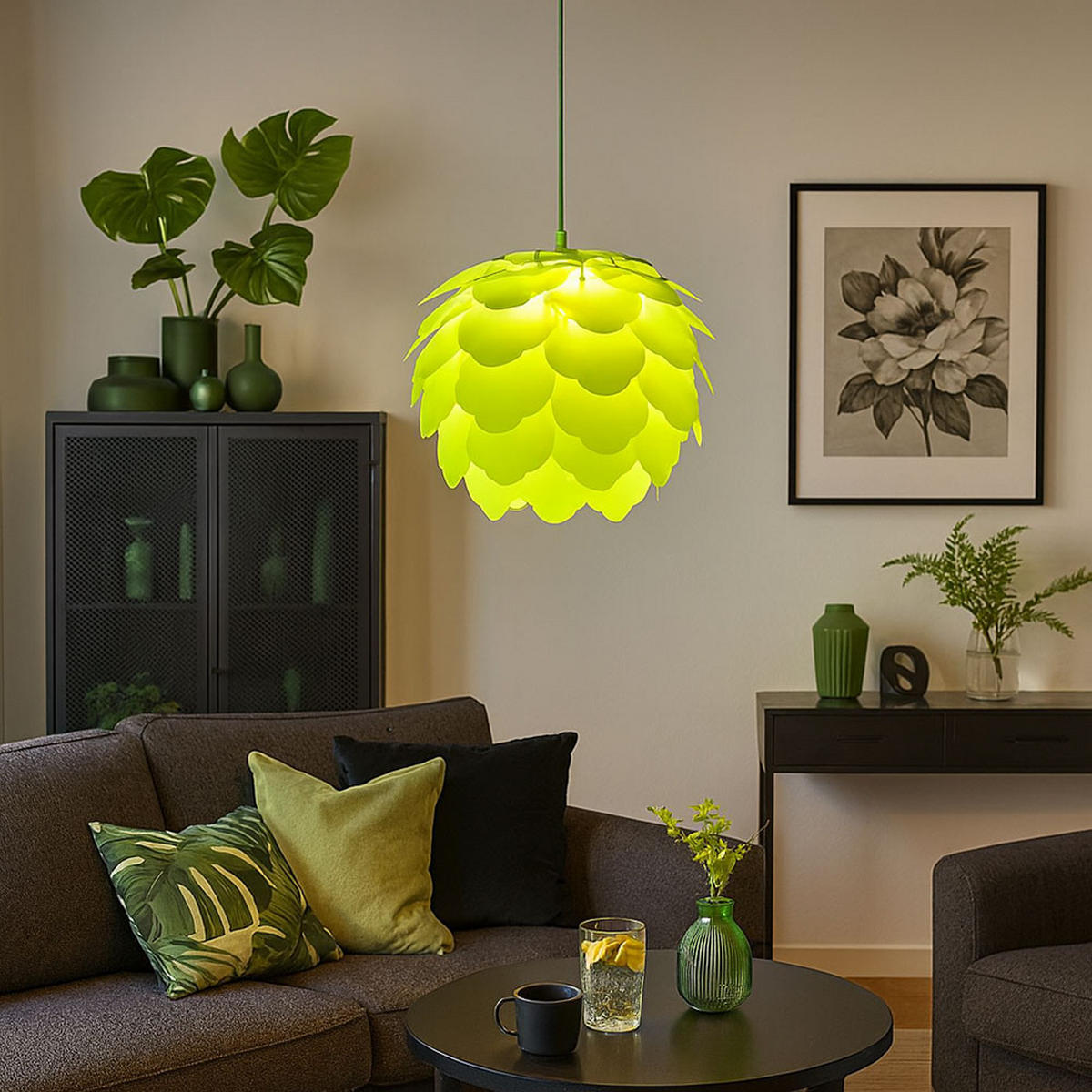 HÄNGELEUCHTE Stahl Grün Blätteroptik - Grün, Metall (42/42/110cm)