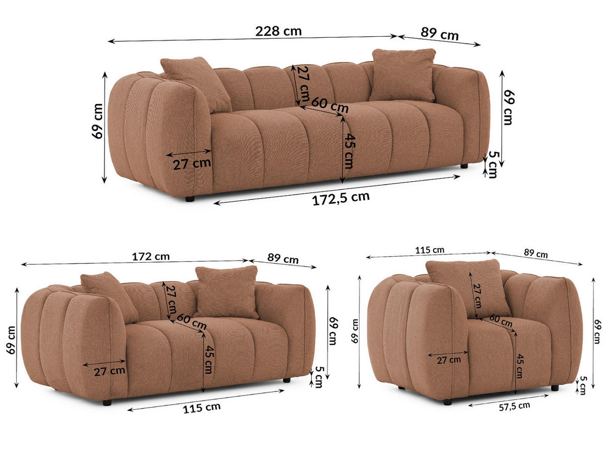 SITZGARNITUR 3+2+1 Nubira in tief gesteppter Bubble-Optik aus weichem Terrakotta Strukturstoff im modernen Design - Terracotta/Schwarz, Holz/Kunststoff (228/69/89cm) - S-Style