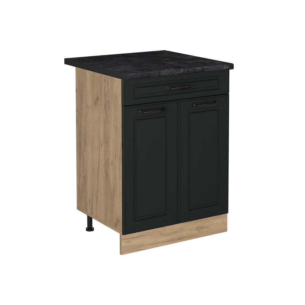 KÖKSUNDERSKÅP R-Line, Antracit hus på landet/Goldkraft ek, 60 cm med låda antracitas stalviršis Antracit, Honungsek 81.6/60/60 cm
