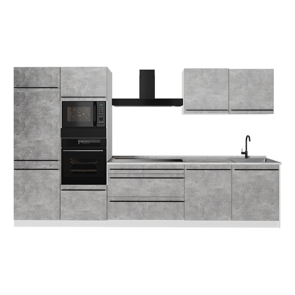 KÜCHENZEILE R-Line, Beton/Weiß, 340 cm Arbeitsplatte Marmor - Weiß/Grau, Holzwerkstoff (340/206.8/60cm) - Vicco