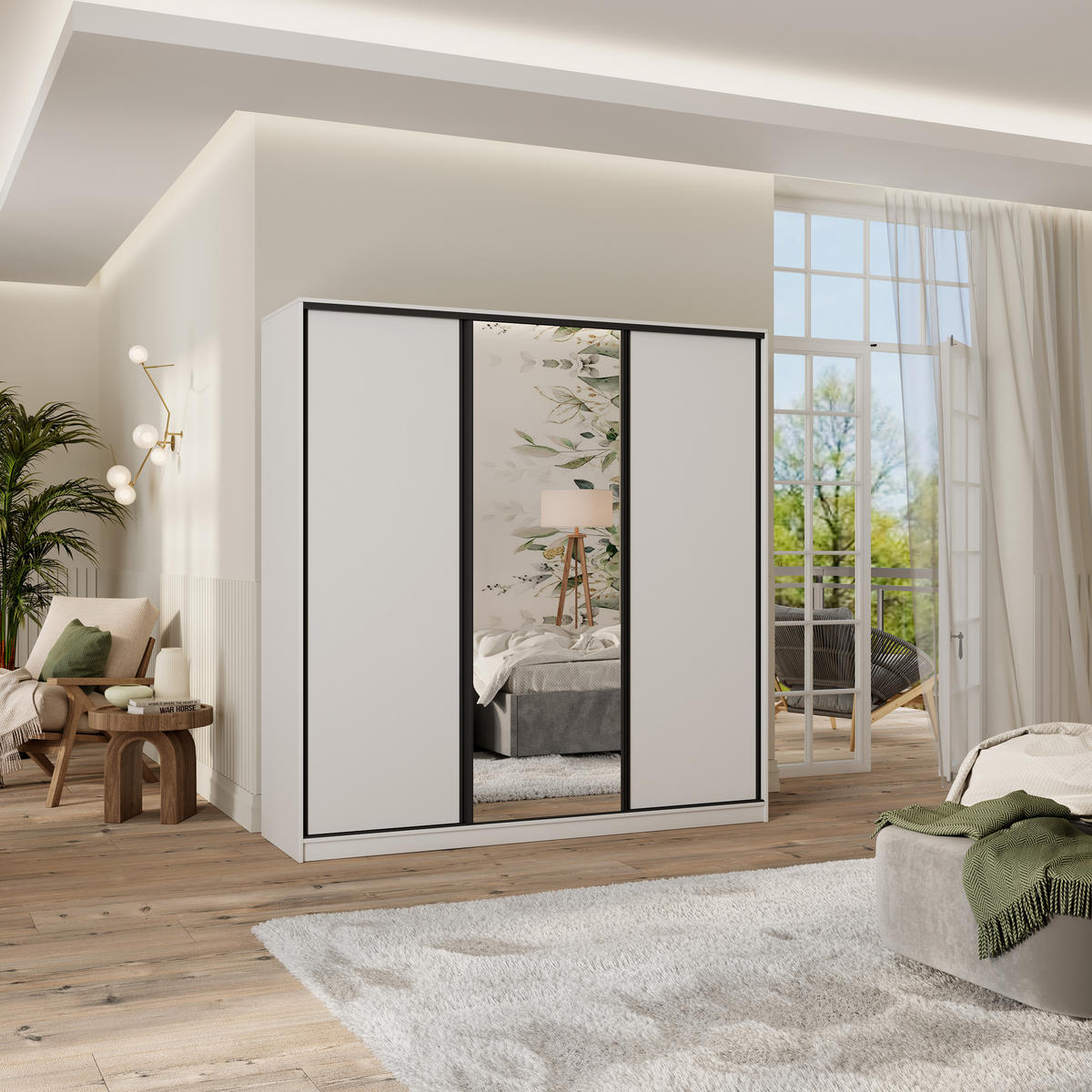 SCHWEBETÜRENSCHRANK TARI 180/205/58 cm 3-türig mit Spiegel und Schubladen Weiß - Schwarz/Weiß, Holzwerkstoff (180/205/58cm) - MASSENO