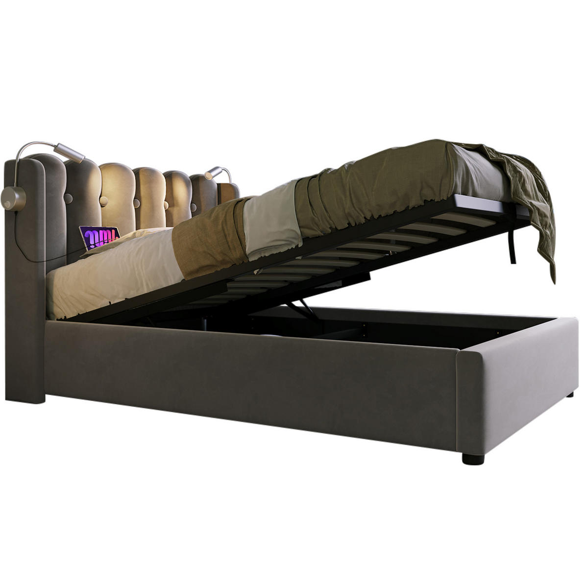 POLSTERBETT 90/200 cm Grau mit Leselicht und Ladefunktion Mit Matratze - Grau, Textil (90/200cm) - OKWISH