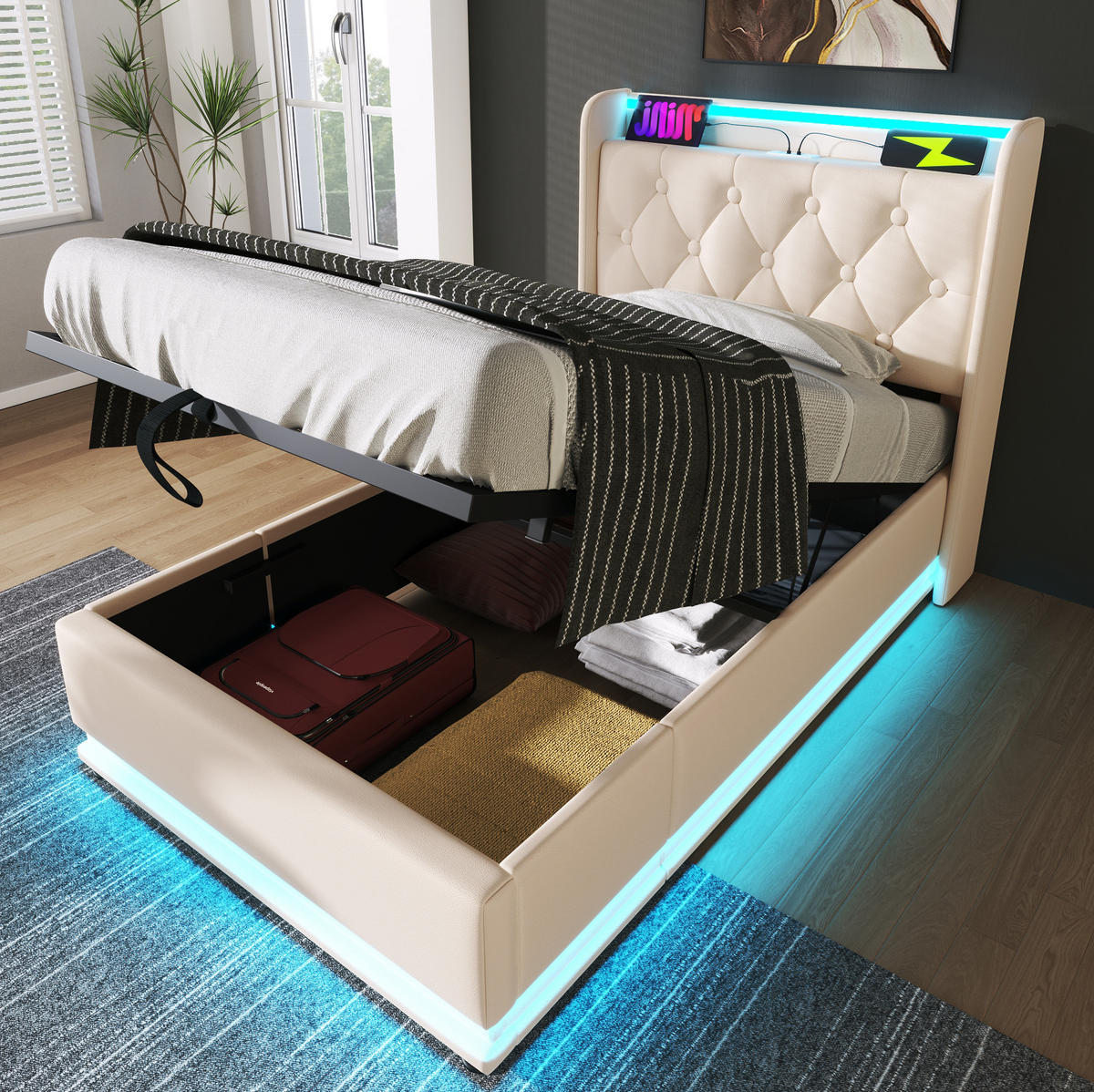 POLSTERBETT 90/200 cm mit LED-Beleuchtung, USB-C, hydraulischem Bettkasten und Matratze, Weiß - Weiß, Kunststoff (90/200cm) - Redom