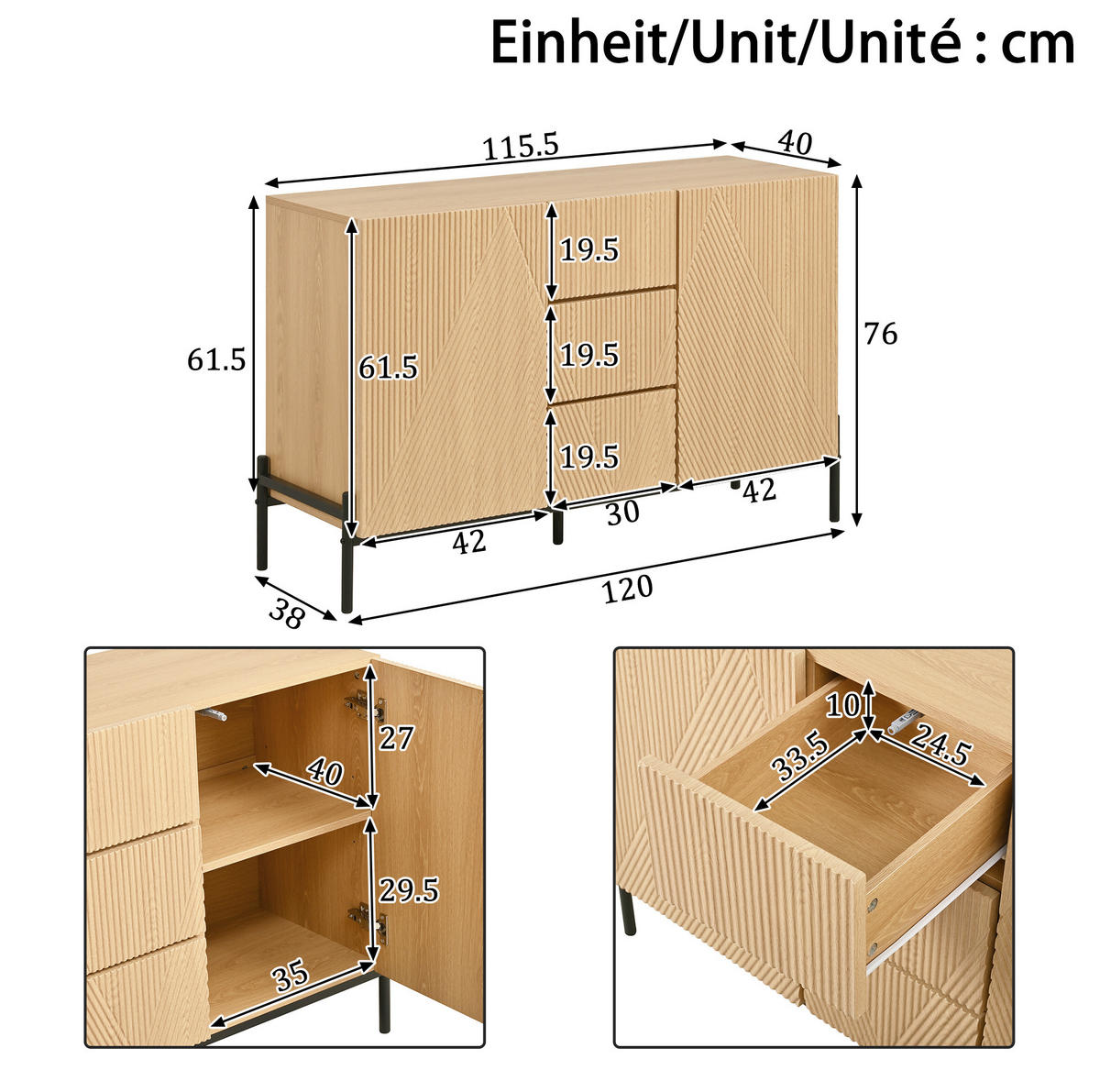 SIDEBOARD 115.5/40/76 cm Natur aus MDF mit geometrischer Struktur - Naturfarben, Holzwerkstoff (40/76/115.5cm) - OKMYHOME