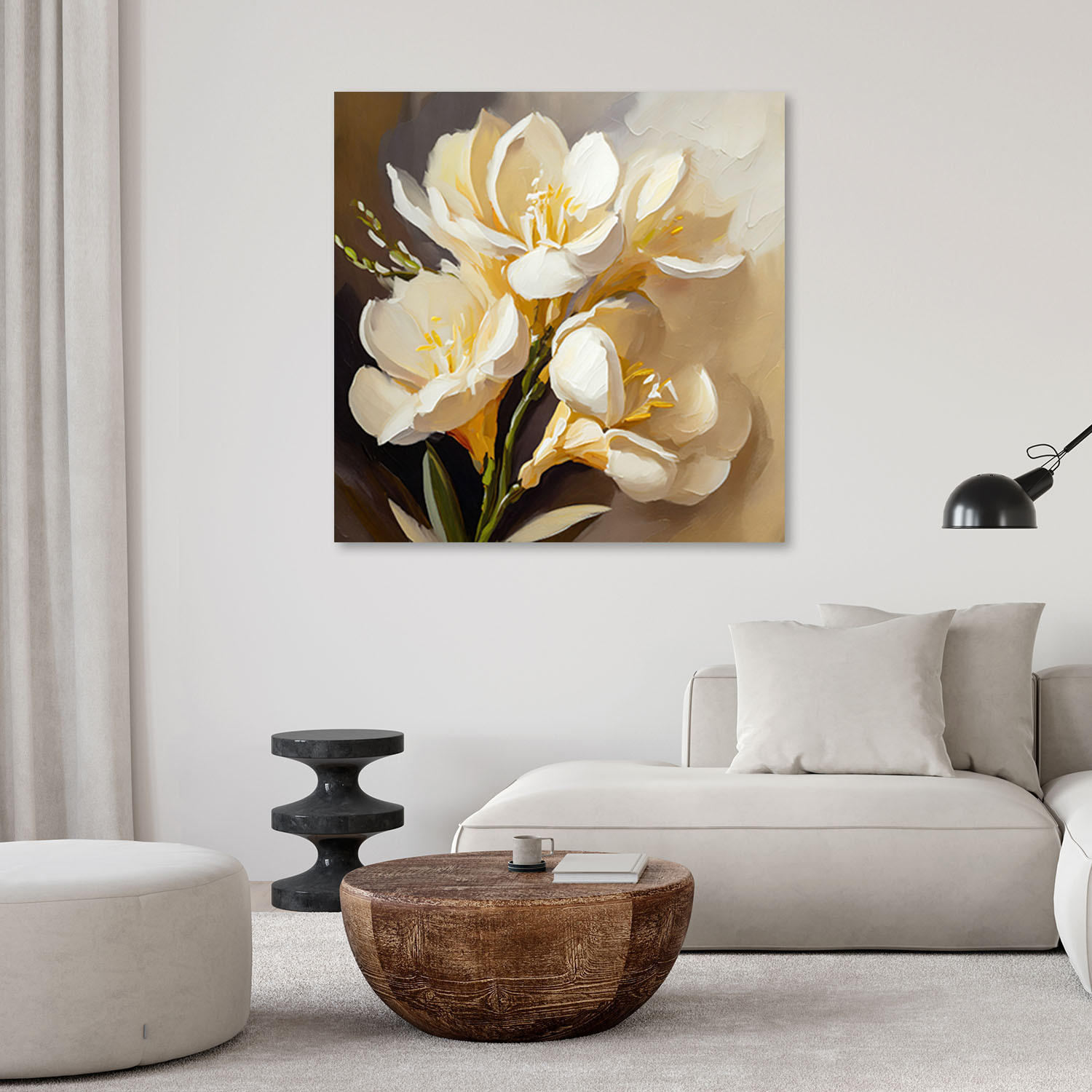 LEINWANDBILD Creme Pfingstrosen handgemalt 50x50cm - Goldfarben, Textil (50/50cm) - Feeby