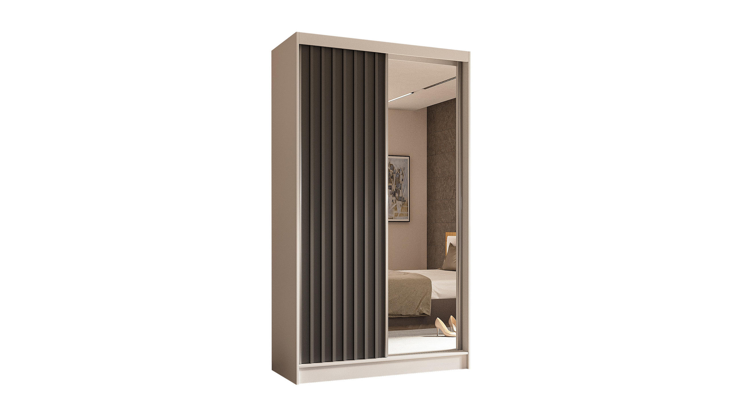 KLEIDERSCHRANK mit Spiegel-Schiebetüren und Aluminium-Leisten - LAMELO - 120 cm Weiß+Grau+Grau - Weiß/Grau, Holzwerkstoff (120/216/61cm) - ALTDECOR