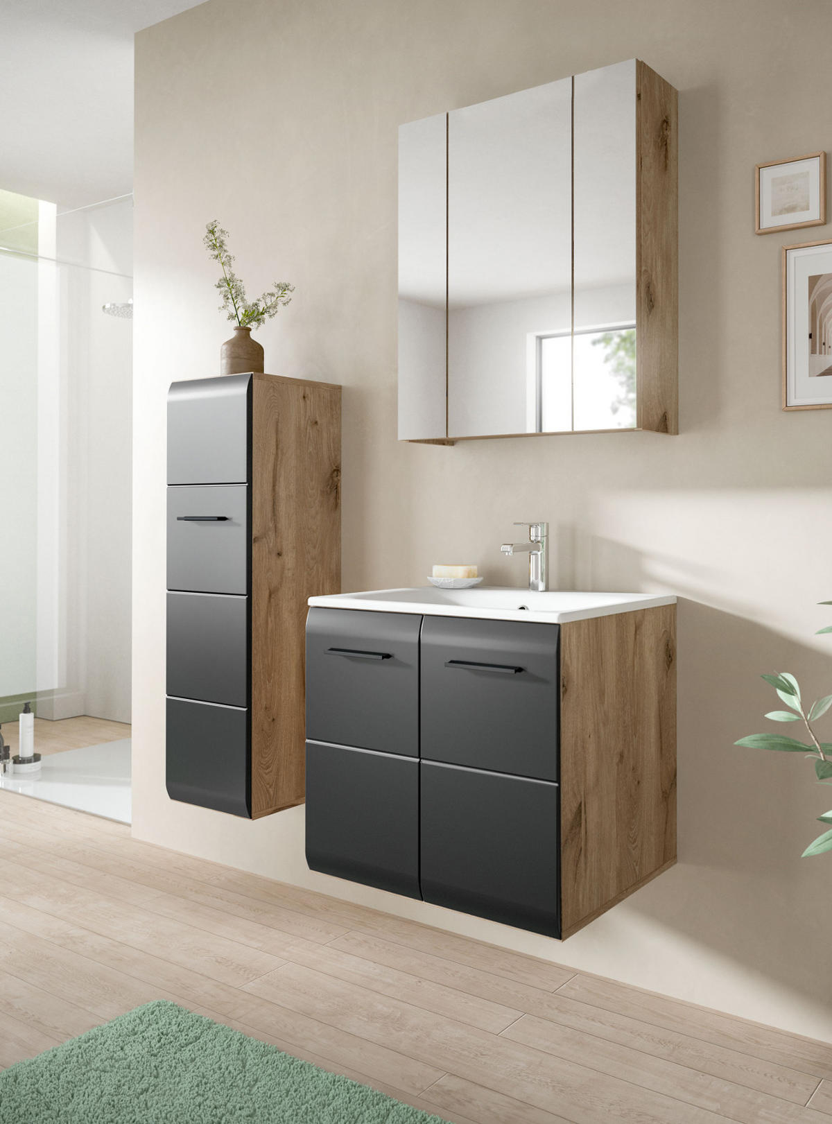 BADMÖBEL-SET 3-teilig Schwarz matt und Eiche, Badezimmer Komplett-Set mit Waschbecken, 105 x 185 cm - Eichefarben/Schwarz, Glas/Keramik (105/185/46cm) - Inn.Furn