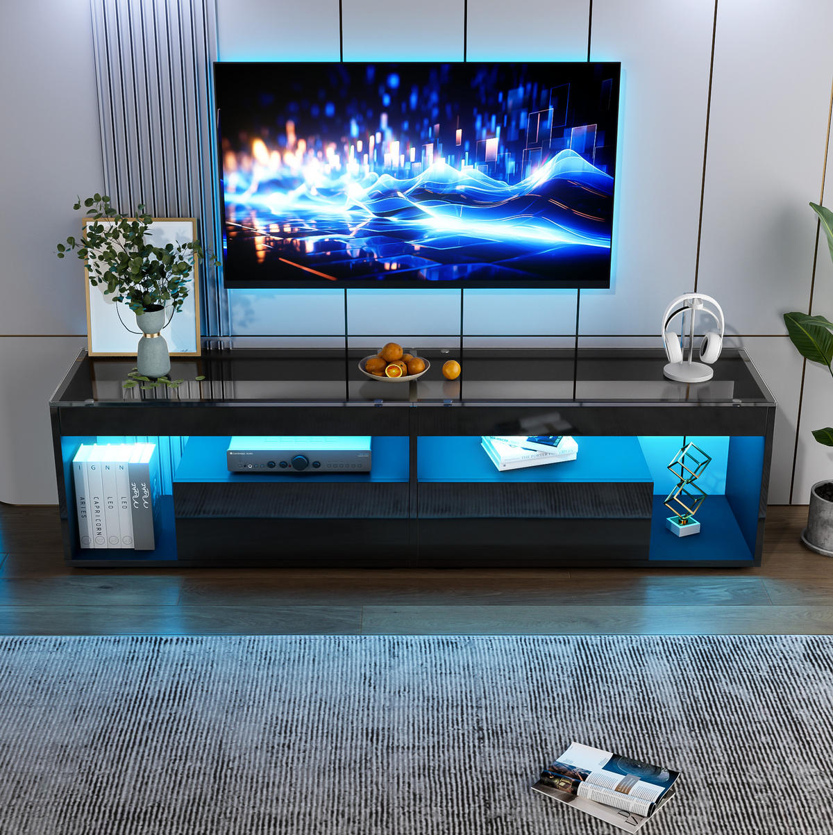 LOWBOARD 180/40/46 cm aus Spanplatte mit LED-Beleuchtung und 2 Schubladen Schwarz - Schwarz, Holzwerkstoff (180/46/40cm) - Modenvie