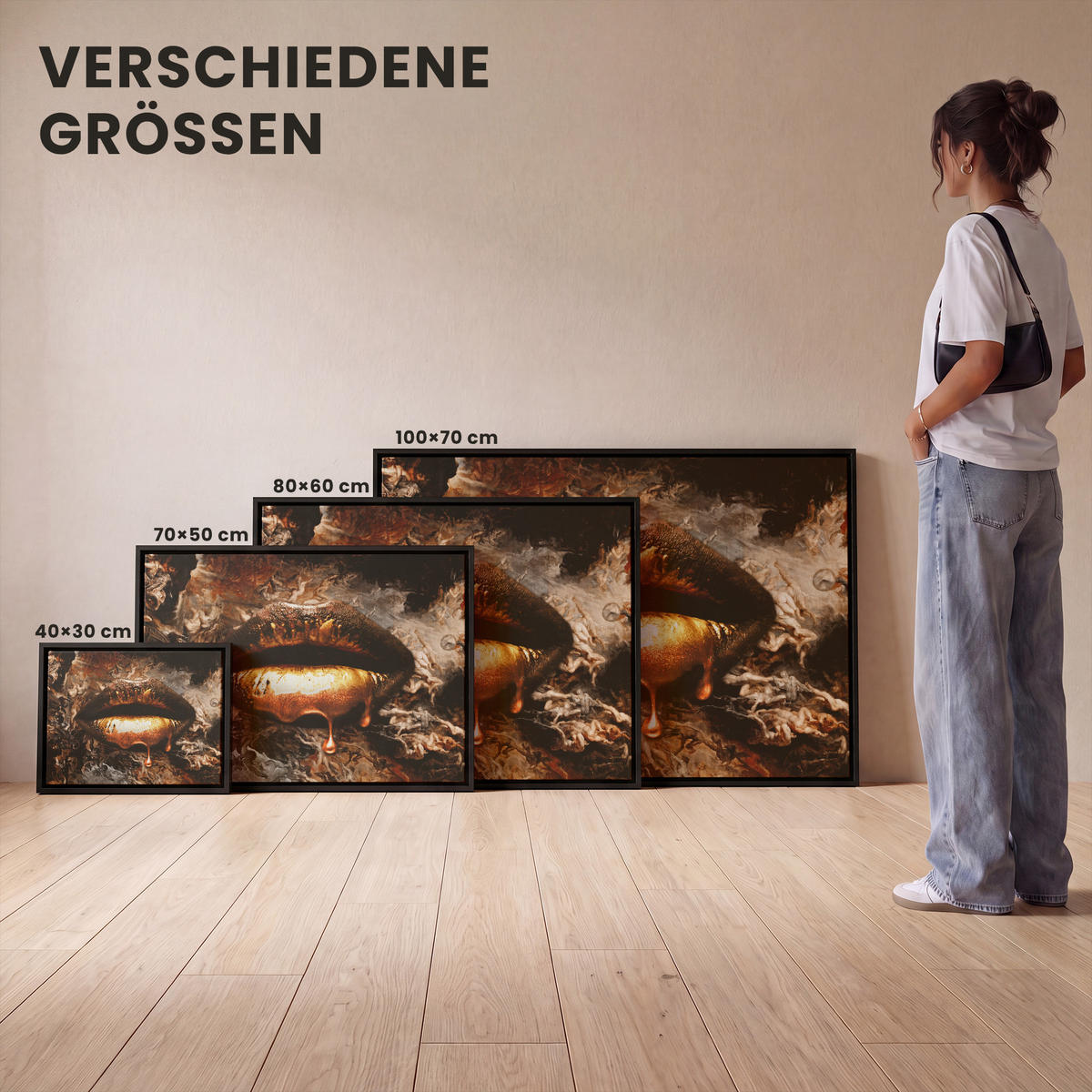 LEINWAND Bilder mit Rahmen - Gold - Lippen - Kunst - Gold - Luxus - Abstrakt - 100x70 - Kupferfarben, Textil (100/70cm) - MuchoWow