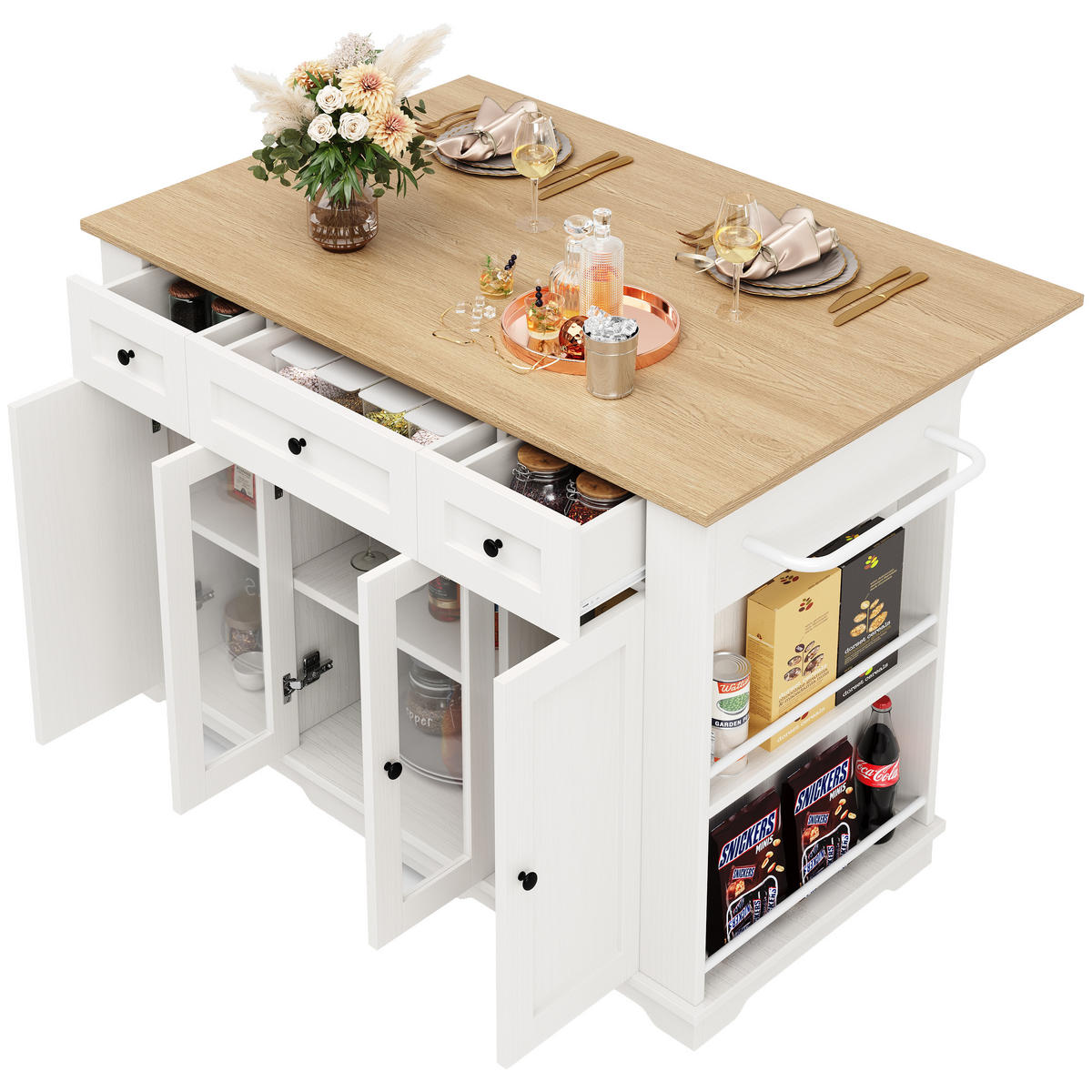KÜCHENINSEL 151,5/60/91,7 cm Weiß Natur Metall mit klappbarer Tischplatte - Weiß, Holzwerkstoff (151.5/91.7/85cm) - OKWISH