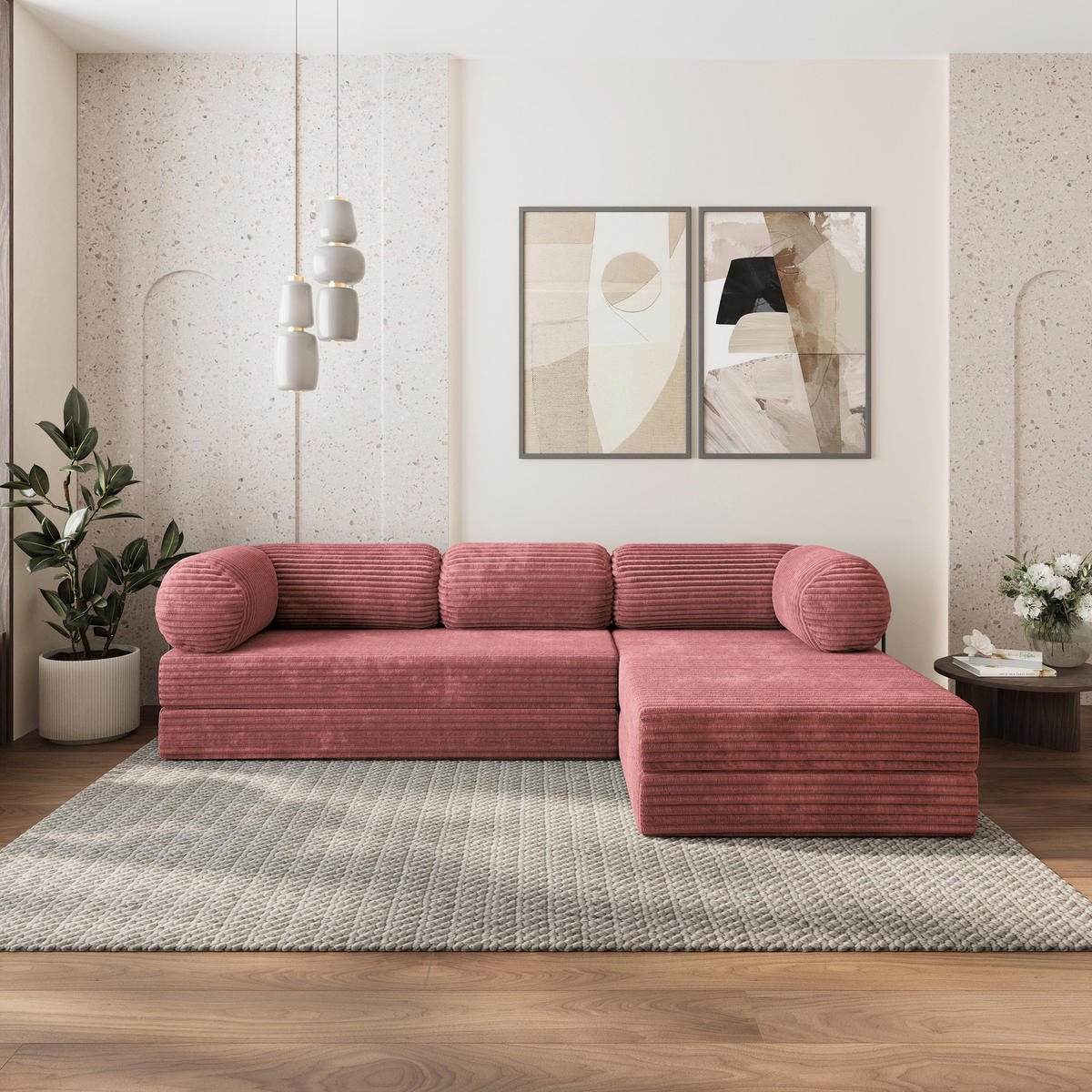 ROHOVÁ SEDAČKA ETERA modulární Boneless pohovka s funkcí spaní, starorůžová TILIA 62 - růžová, textil (270/160cm) - MASSENO
