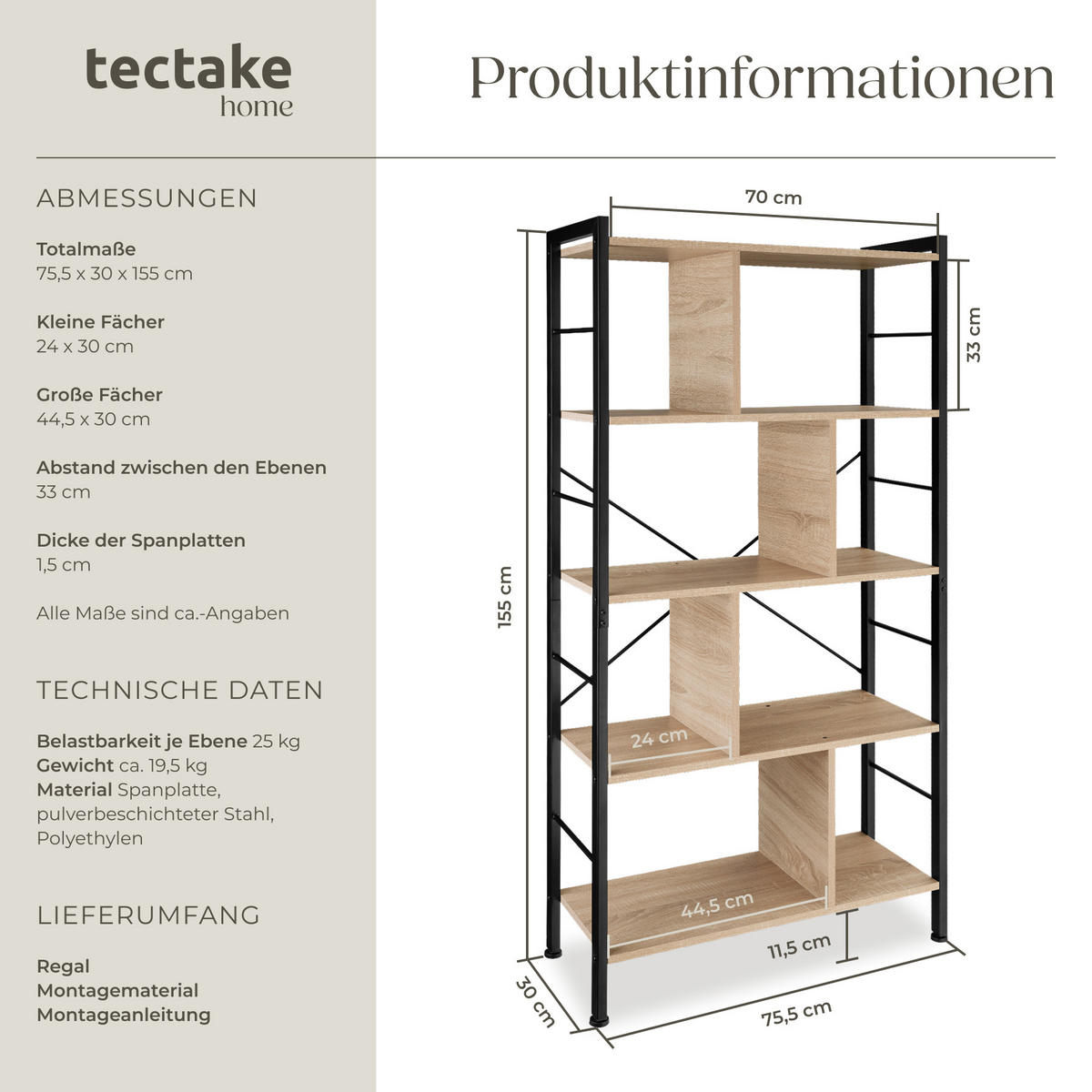 REGAL Charleston,inklusive Kippschutz, 75,5 x 30 x 155 cm,Industrial Holz hell, Eiche Sonoma - Naturfarben, Holzwerkstoff (30/155/75.5cm) - tectake