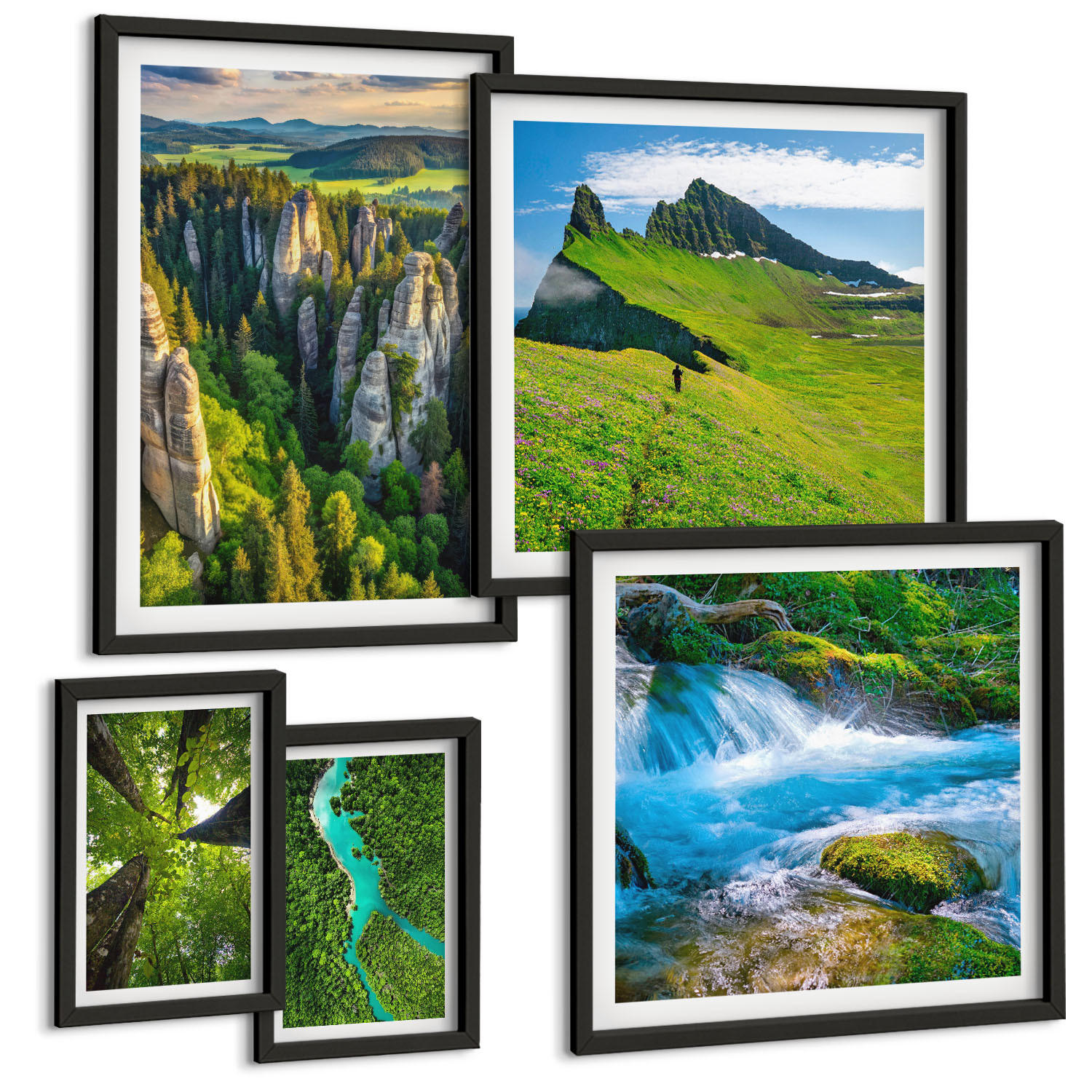 BILDER SET 5er Set - 50x50 cm & 20x30 cm & 40x60 cm Schwarzer Rahmen - Wasserfälle grüner Wald Wasser - Schwarz, Kunststoff (40/60cm) - TULUP