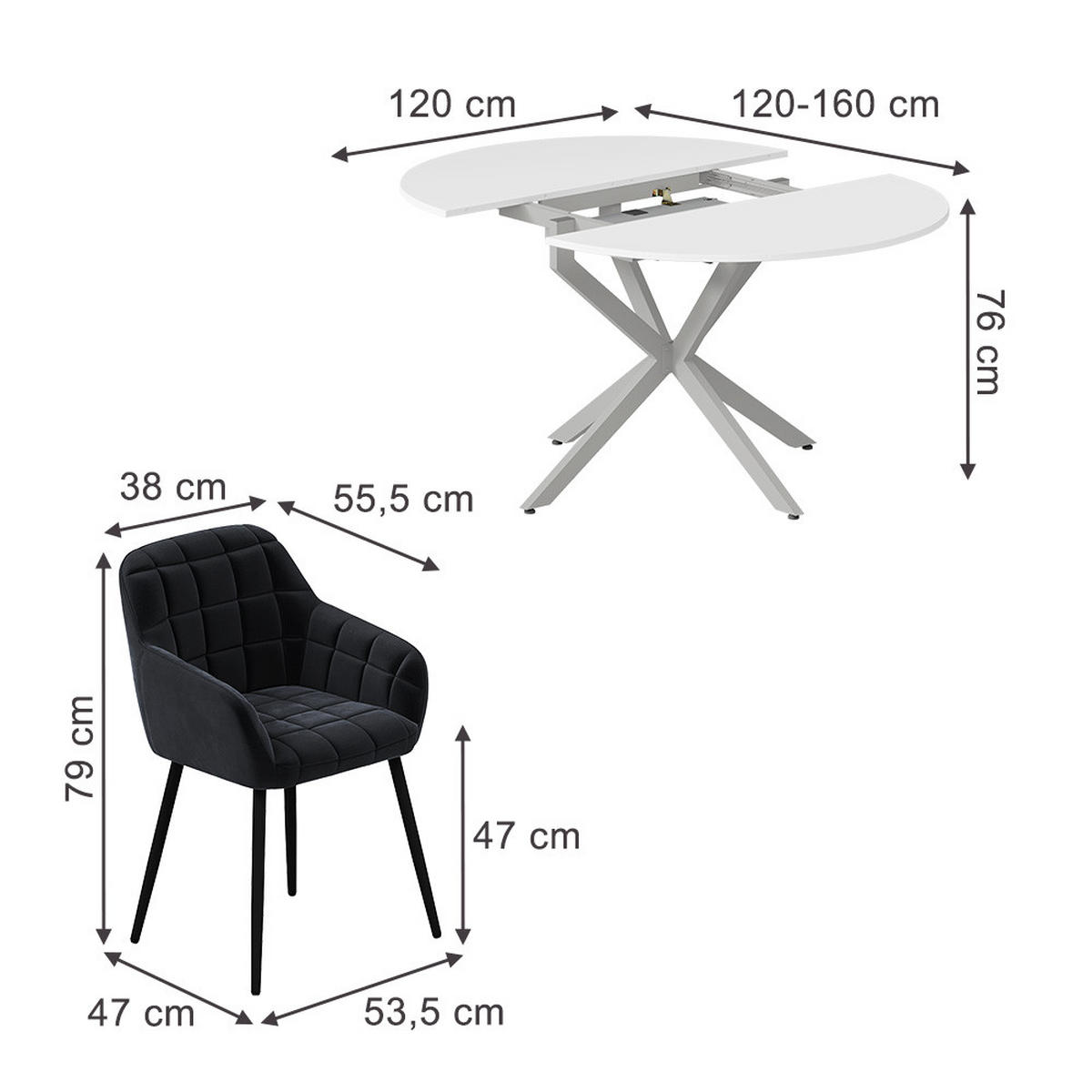 ESSTISCH-SET Loyd, Weiß/Grau, 120 x 120 cm mit 4 Esszimmerstühlen (Schwarz) - Weiß/Grau, Holzwerkstoff (120/76.5/120cm) - Vicco