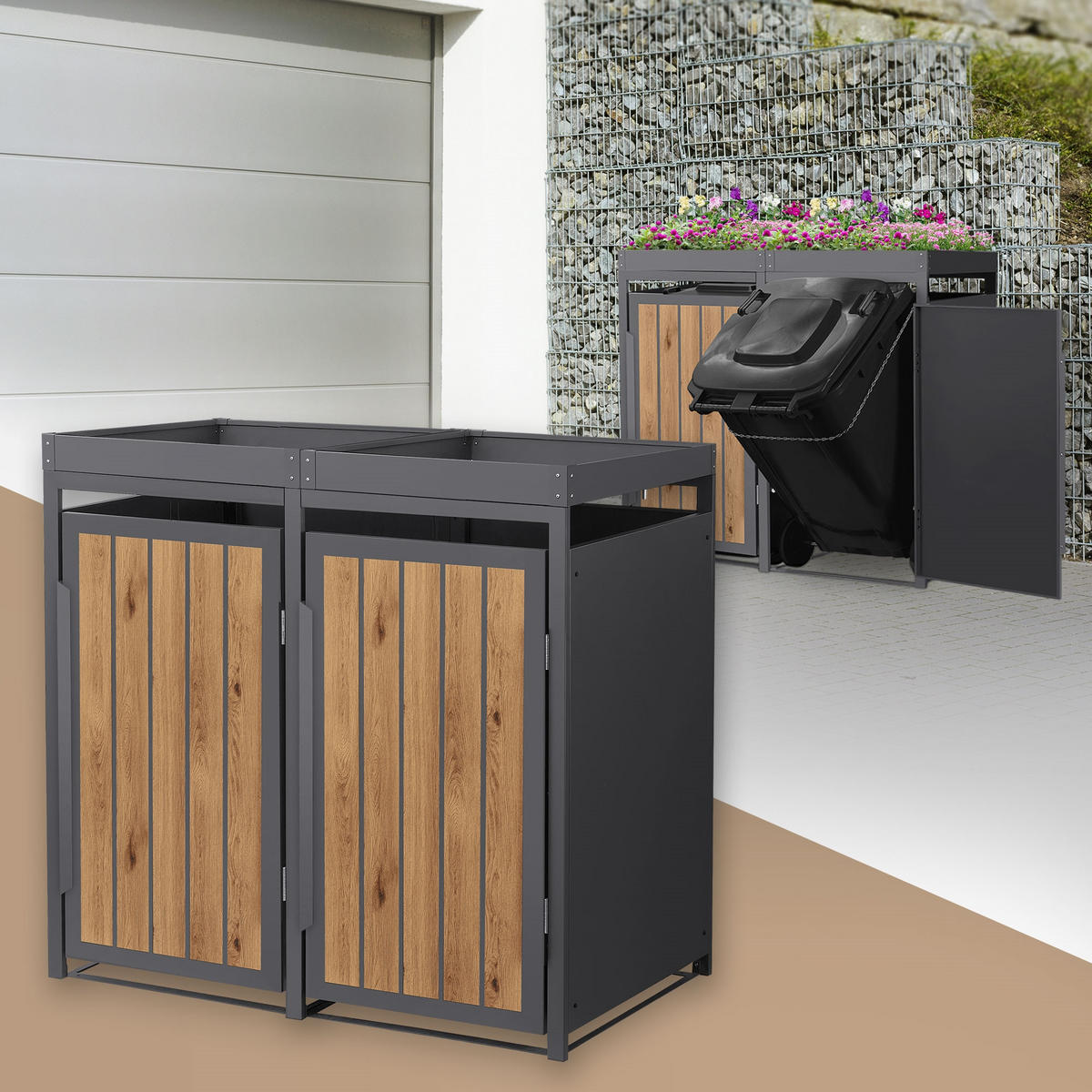 MÜLLTONNENBOX 2er mit Pflanzdach 240L Anthrazit-Holzoptik aus Stahl - Hellbraun, Metall (80/124/132cm) - ML-DESIGN