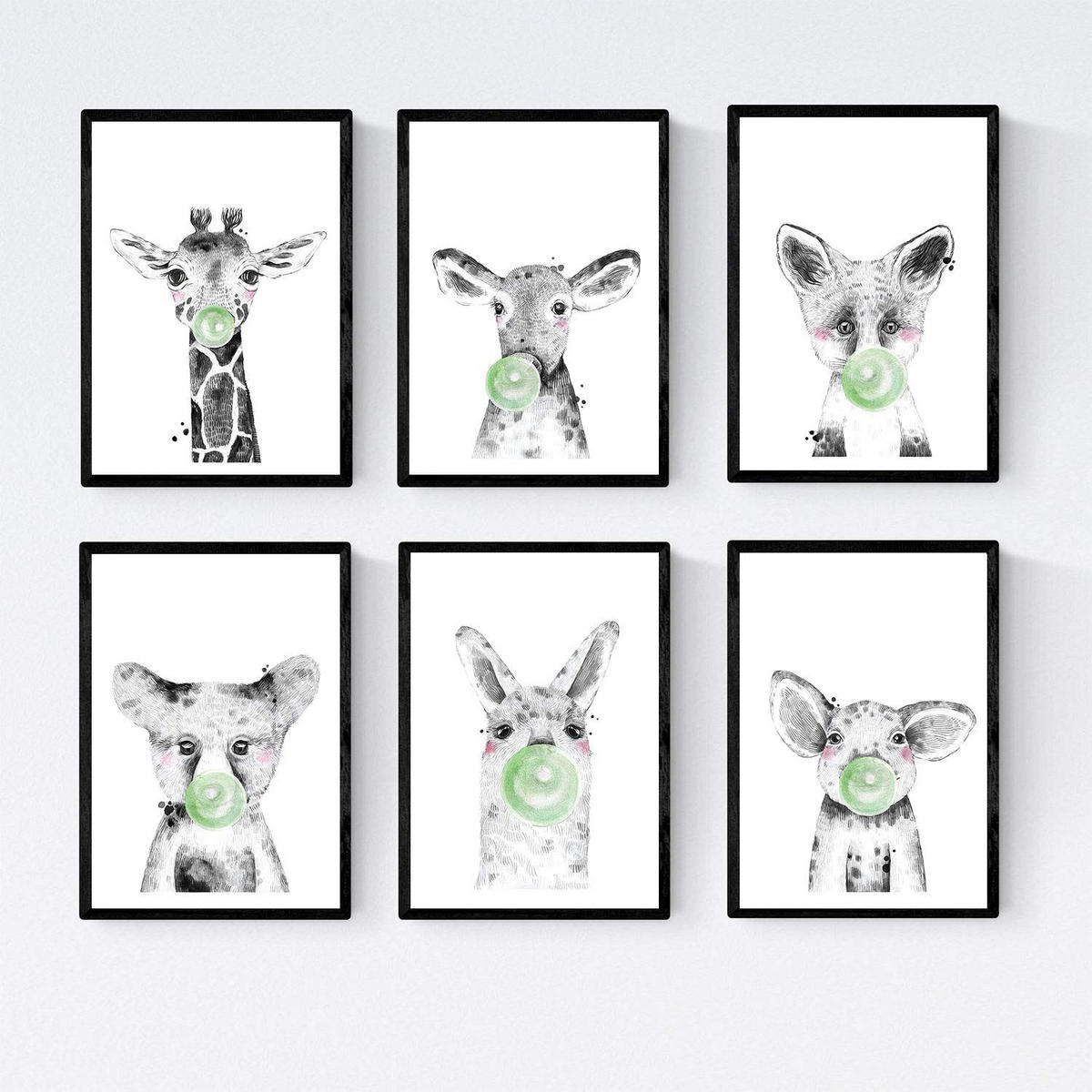 POSTER Set Mit 6 Tiere Babys Mit Kaugummi Girafa Schweinefleisch Kuh Zorro Bär Flamme A4 Schwarzer Rahmen - Schwarz, Papier (29/3cm) - Nacnic
