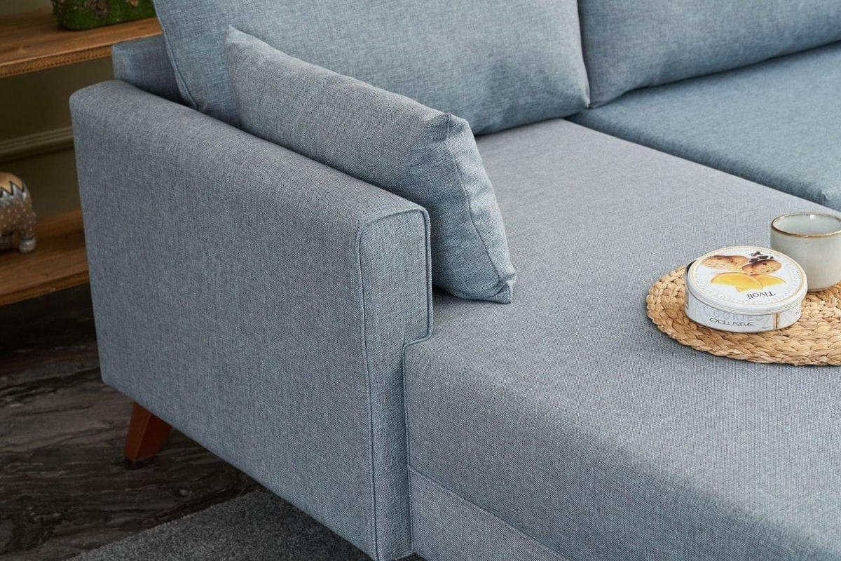 ECKSOFA mit losen Rückenkissen und Schlaffläche - Blau/Walnussfarben, Holz/Kunststoff (275/165cm) - myHomelando