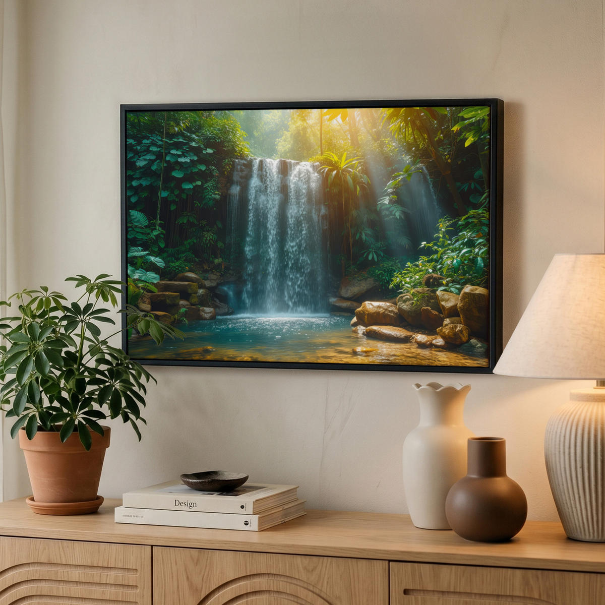 LEINWAND Bilder mit Rahmen - Wasserfall - Dschungel - Sonne - Grün - Natur - 60x40 - Grün, Textil (60/40cm) - MuchoWow