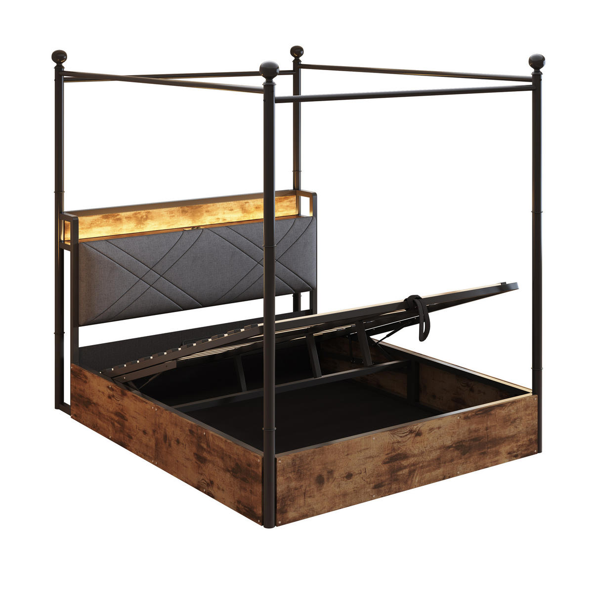 METALLBETT 140/190 cm mit Kopfteil, Stauraum, LED und USB/Type-C in Schwarz - Schwarz, Metall (140/190cm) - BEAOK