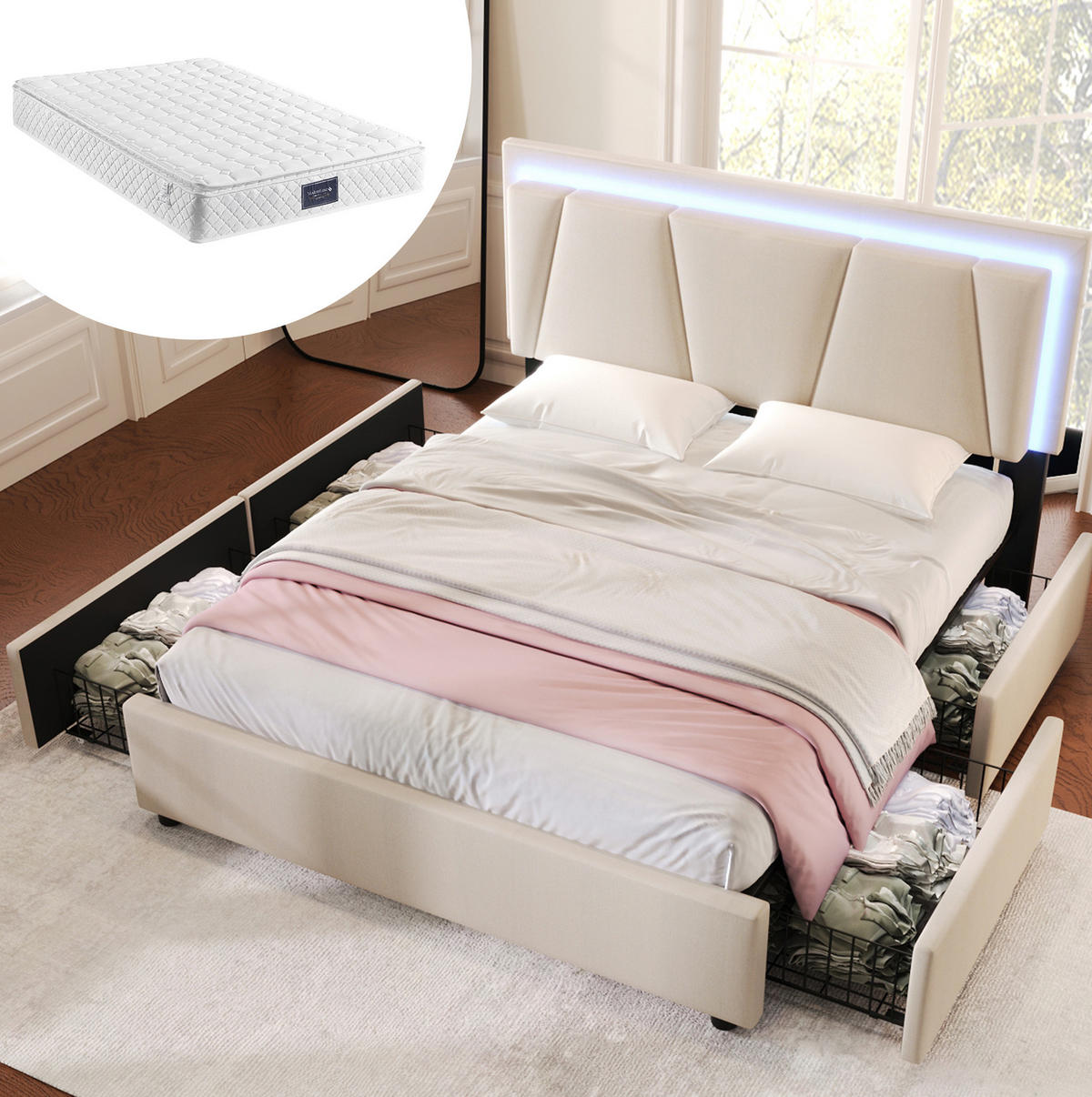 POLSTERBETT aus Holz 140x200 cm in Beige mit LED-Beleuchtung & 4 Schubladen - Beige, Holzwerkstoff (140/200cm) - Modfu