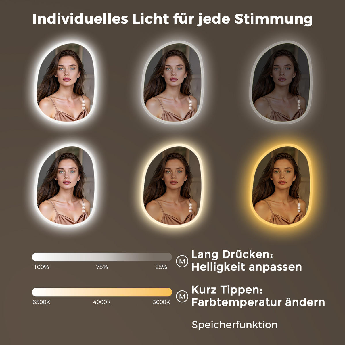 BADSPIEGEL mit Beleuchtung 60/80 cm asymmetrisch rahmenlos LED dimmbar mit Antibeschlag - Transparent, Glas (80/60/2.5cm) - S'AFIELINA