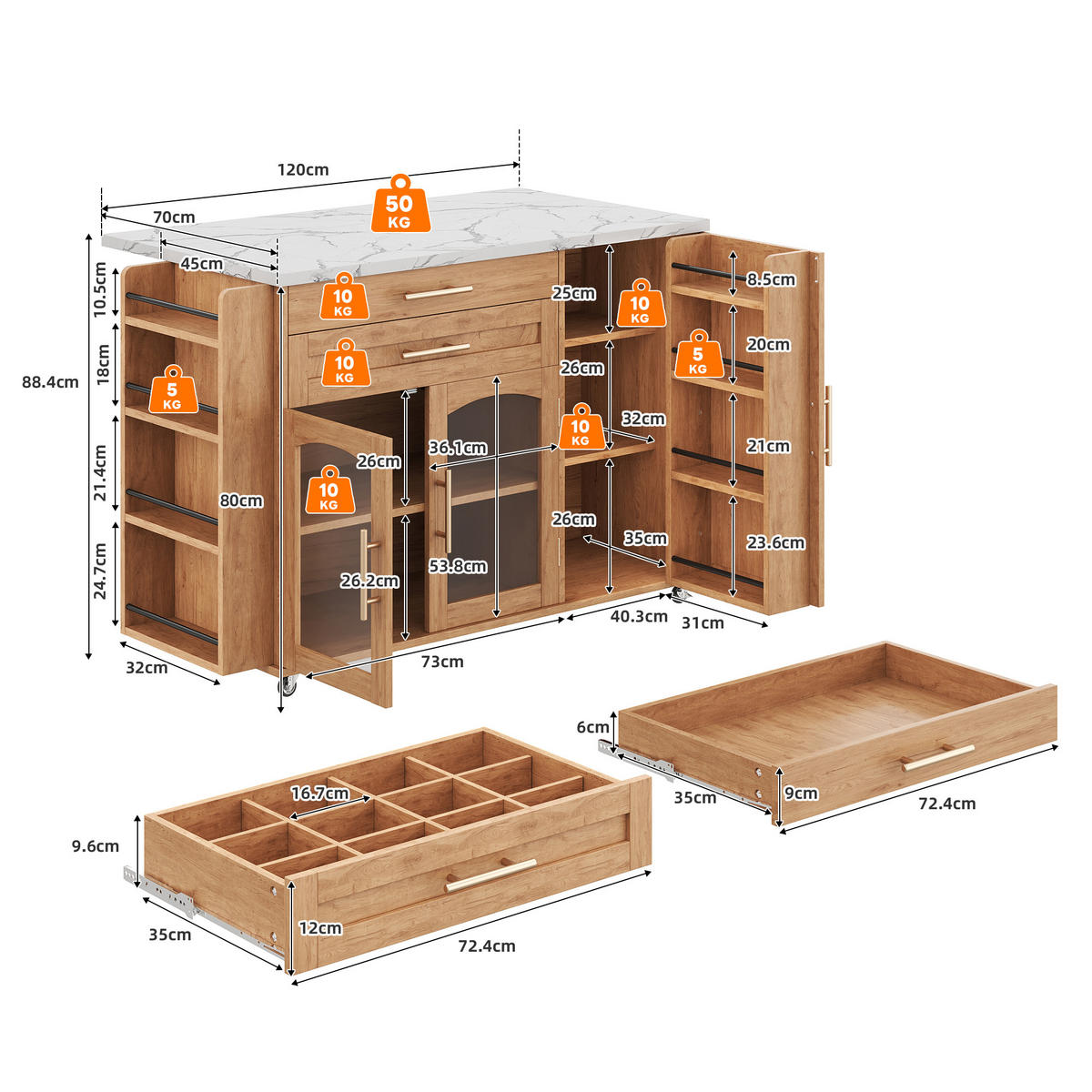 KÜCHENINSEL in Weiß und Naturfarbe Servierwagen mit Besteckschublade für Küchen und Wohnzimmer, B120/T45 (70)/H90 cm - Naturfarben, Holzwerkstoff (138/90/70cm) - STILVORA
