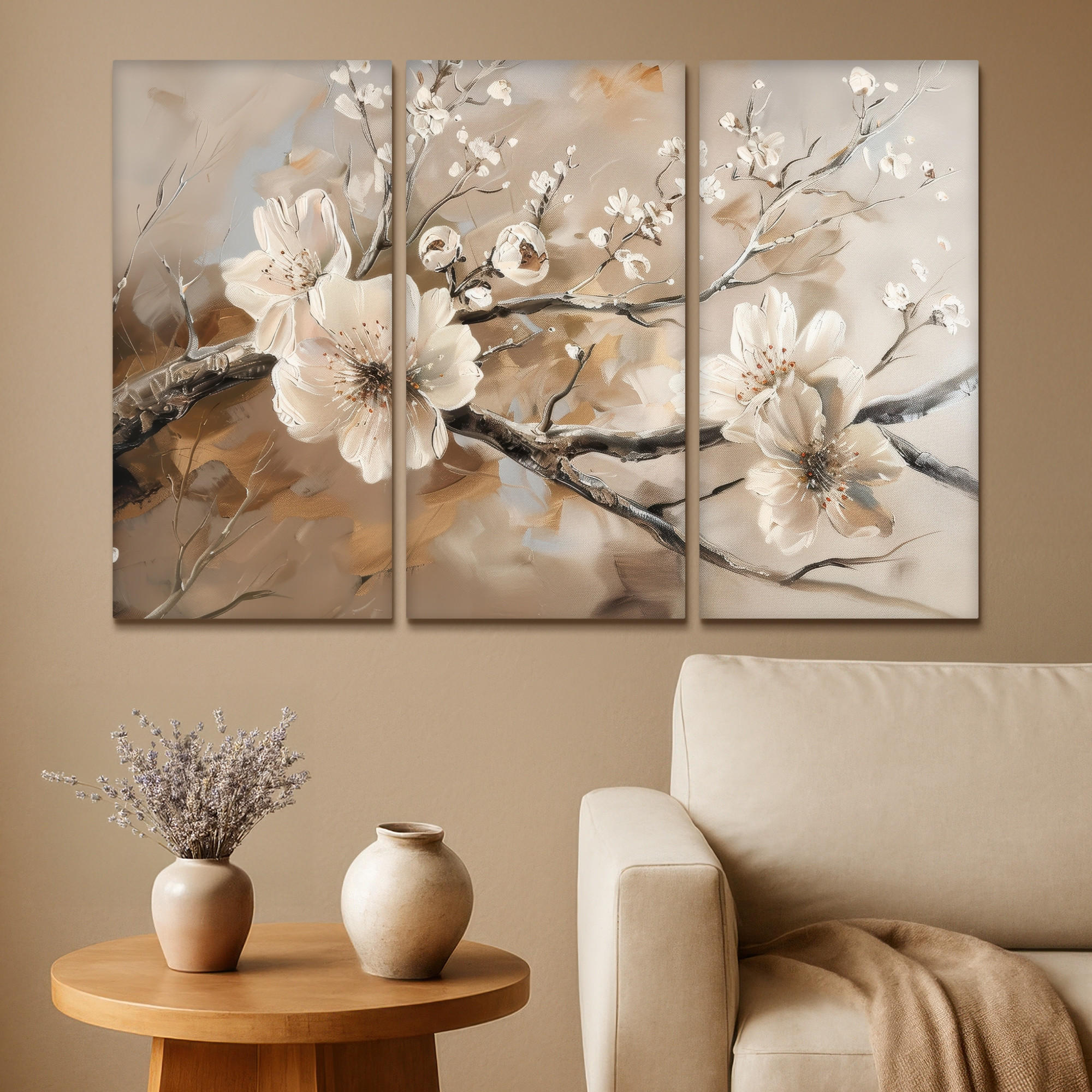 LEINWANDBILD 3er Set Blüte - Beige - Abstrakt - Blumen 120x80 cm - Hellbraun, Textil (120/80cm) - MuchoWow