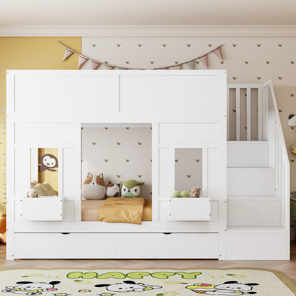 ETAGENBETT 90/200 cm in Weiß Kinderbett mit Treppe, 2 Schubladen und Stauraum - Weiß, Holzwerkstoff (90/200cm) - STILVORA