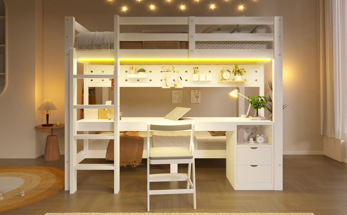 HOCHBETT 90/140/200 cm mit Schubladen, Schreibtisch und LED-Lichtleiste, Weiß/Natur - Weiß, Holz (90/200cm) - Redom