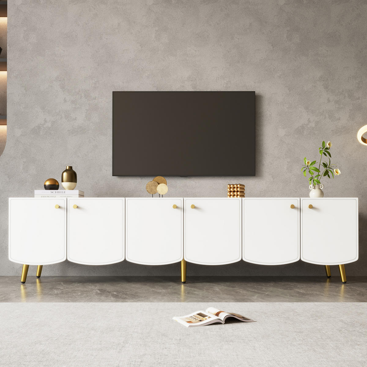 TV-LOWBOARD 180cm 6 Türen Gold Beine Weiß Modern - Multicolor, Holzwerkstoff (180/45/40cm) - FLIEKS