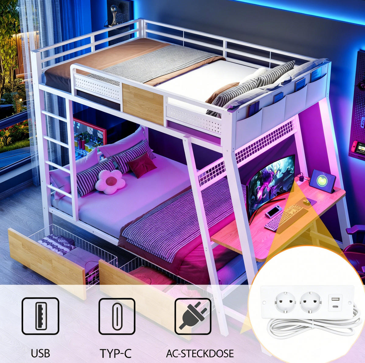 ETAGENBETT 90/200 cm mit Schreibtisch, Weiß - Weiß, Metall (90/200cm) - OKMYHOME