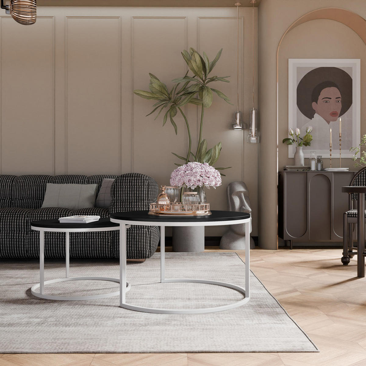 COUCHTISCH rund Groß, Mattschwarz, Rahmen Weiß - Schwarz/Weiß, Metall (70/70/48cm) - Idohome