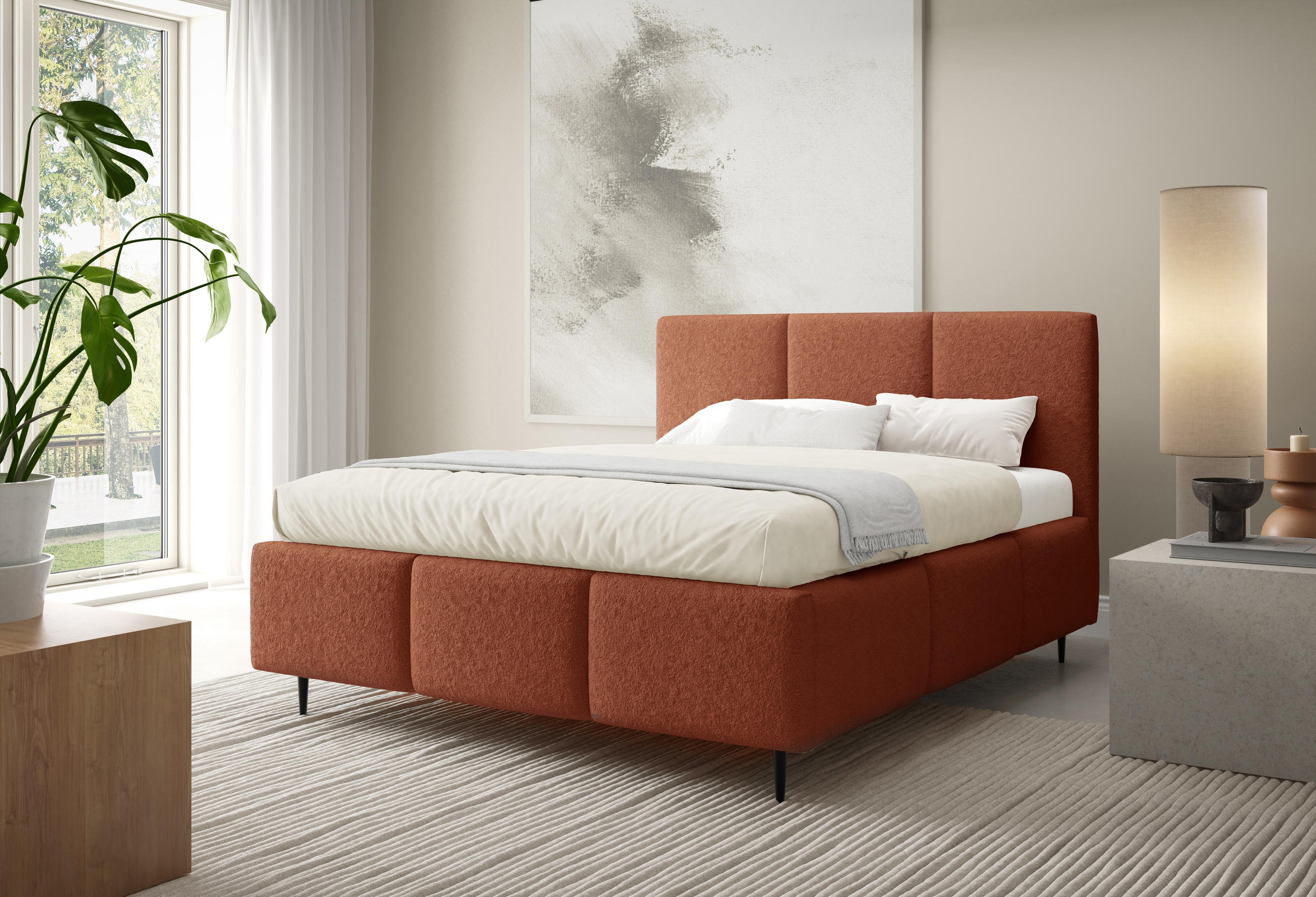 POLSTERBETT VALERIO mit Beinen mit Bettkasten, Bett 180x200,Doppelbett,Lattenrost,Boxspringbett-Optik,ohne Matratze,Schlafzimmer-Fuchsrot - Orange, Holz (180/200cm) - Furnistar