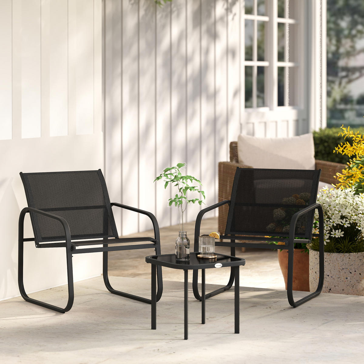 BALKONSET 3-teilig DE-14140 2 Mesh-Stühle, Glastisch Schwarz - Schwarz, Metall - ComfortXL