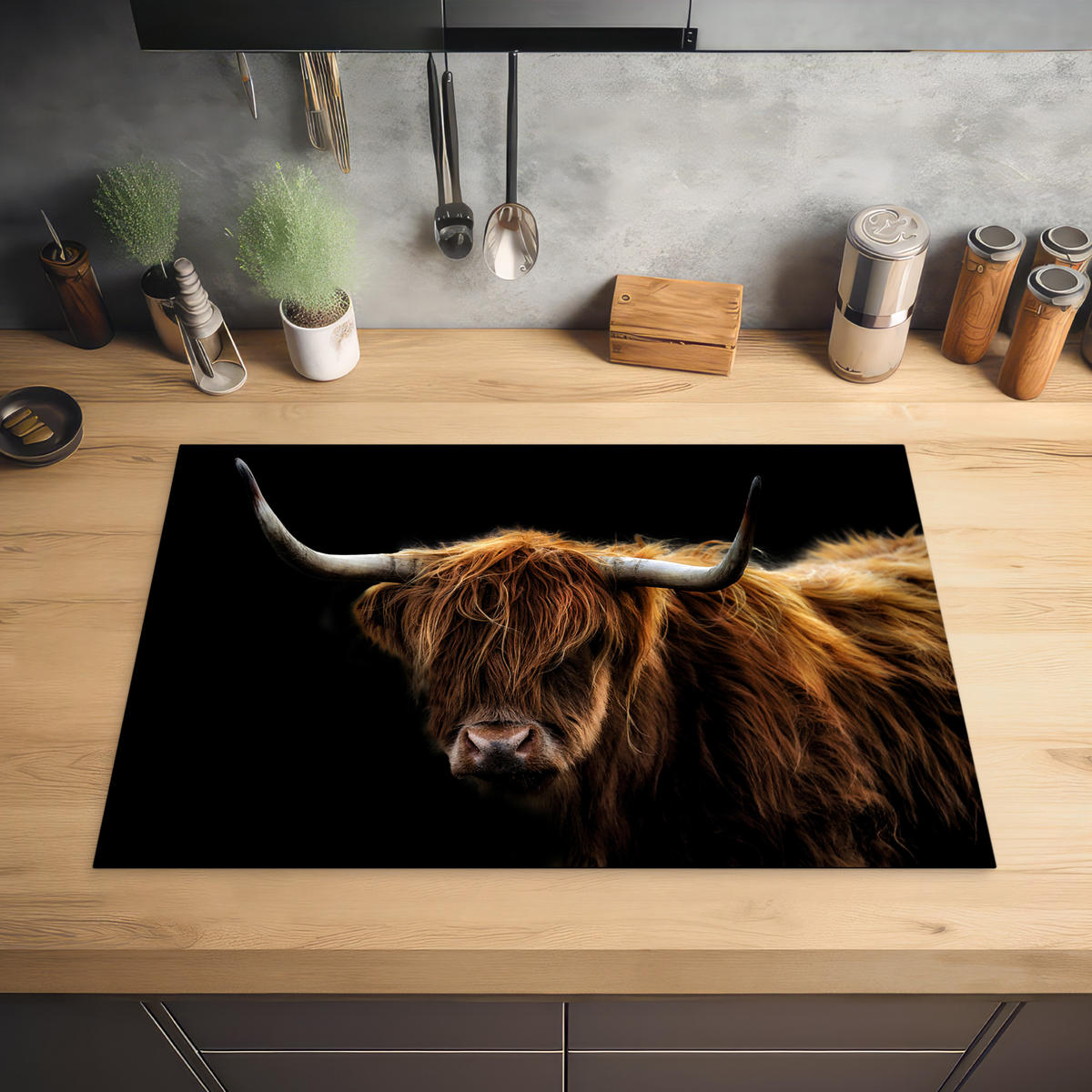 HERABDECKPLATTE - Schottischer Highlander - Hörner - Schwarz - Tiere - Natur - Wild - Kuh - 75x50 - Cognac, Kunststoff (75/50/0.2cm) - MuchoWow