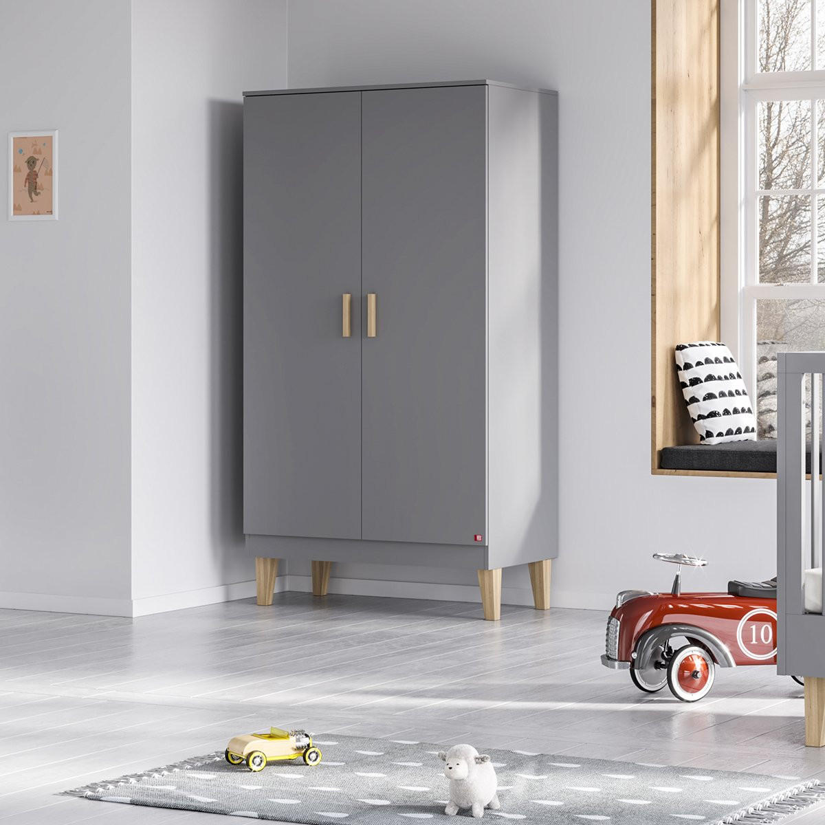 KLEIDERSCHRANK mit zwei Türen, zwei Regalen und einer Kleiderstange L100 x H186.5 cm - Lounge - Grau, Holzwerkstoff (55/186.5/100cm) - Calicosy