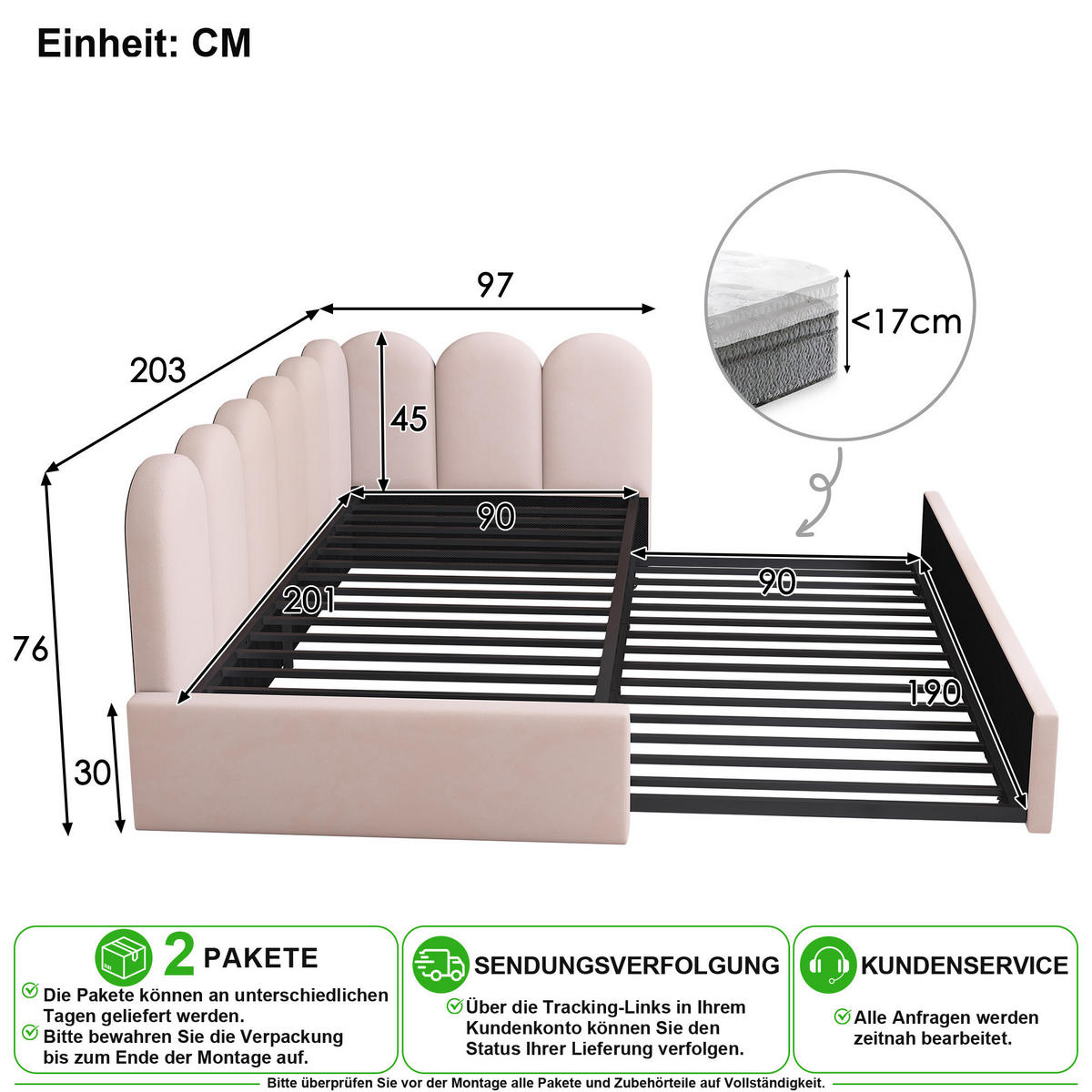 KINDERBETT 90/200 cm & 90/190 cm in Rosa Samt mit Ausziehbett und Lattenrost - Rosa, Holzwerkstoff/Textil (90/200cm) - CHICFURN