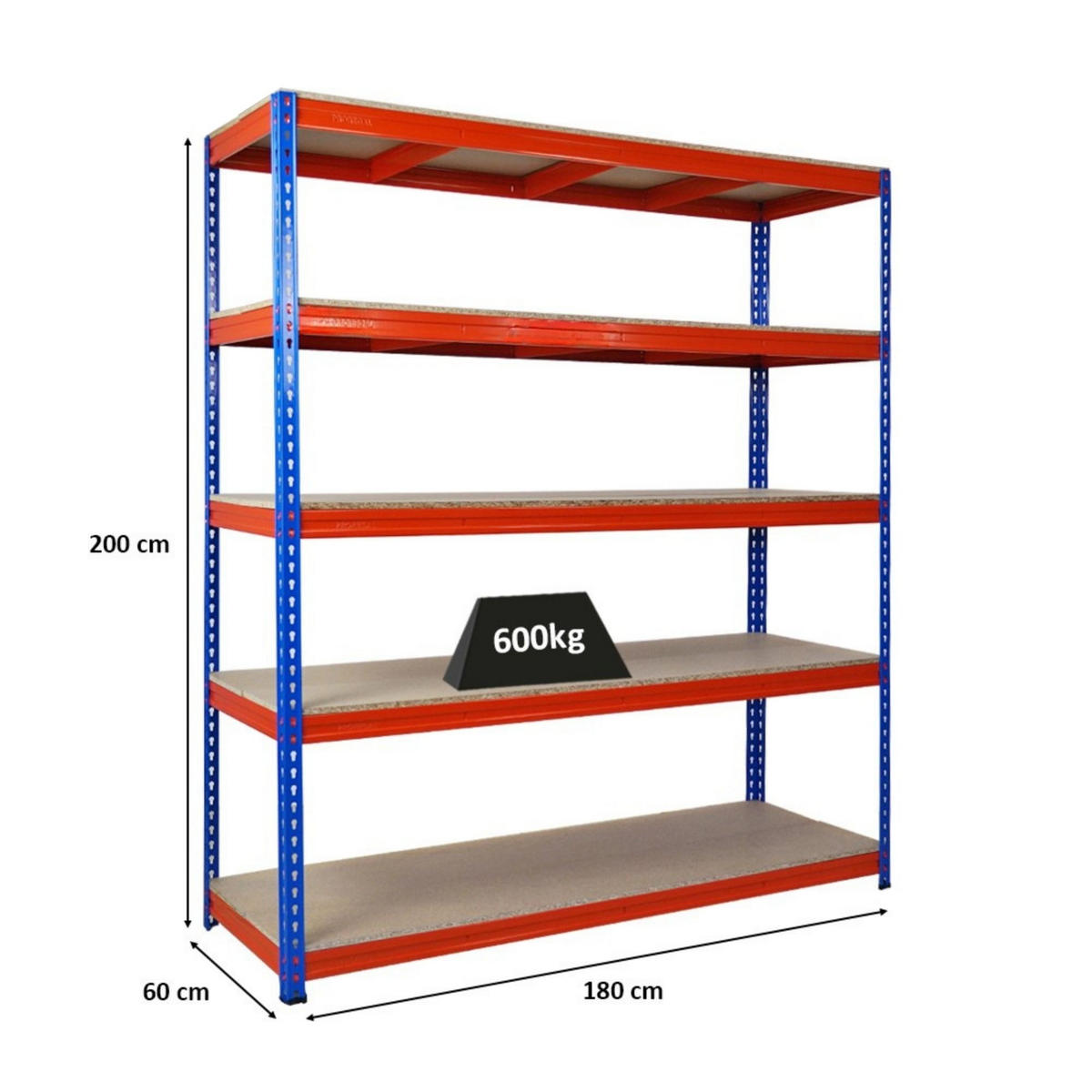 SCHWERLASTREGAL Bison 200x180x60 cm 5 Spanplatten-Ebenen 16mm Fachlast 600 kg Blau-Orange - Blau, Metall (180/200/60cm) - PROREGAL