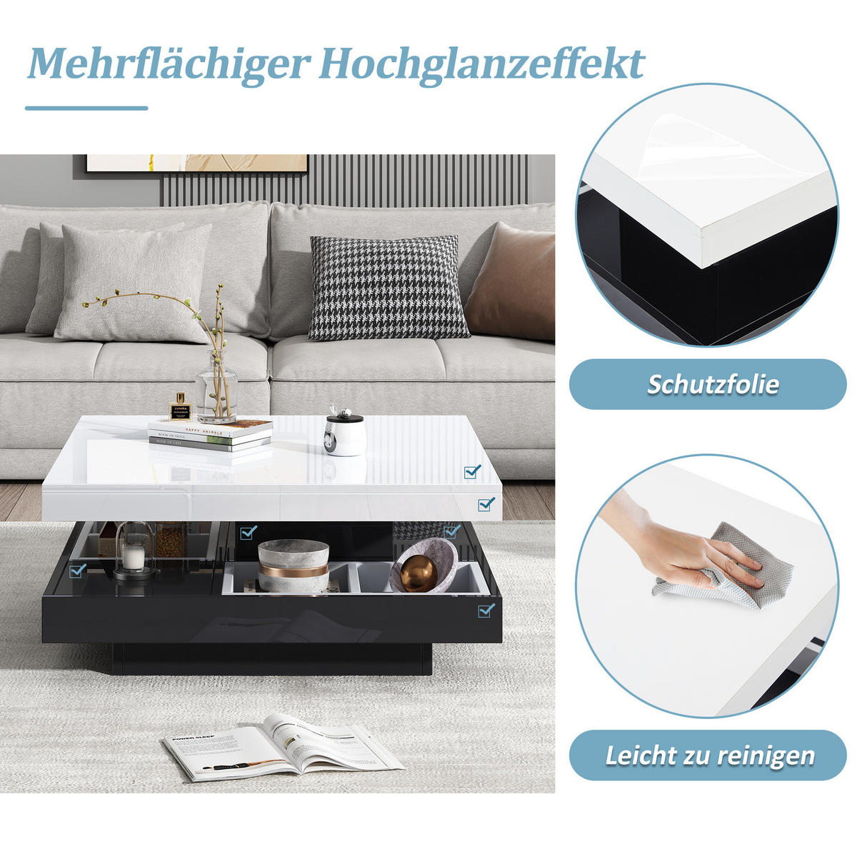 COUCHTISCH, Hochglanz-Tischplatte, 360° drehbar, weiß/schwarz, Spanplatte, 70/70/36 cm,weiß - Weiß, Holzwerkstoff (70/70/36cm) - Redom