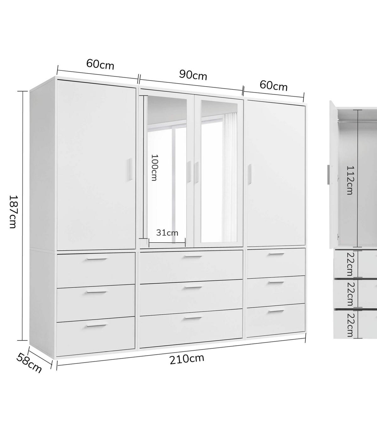 KLEIDERSCHRANK mit Spiegel Der Grenzenlose - Weiß, Holzwerkstoff (210/187/58cm) - Mokebo