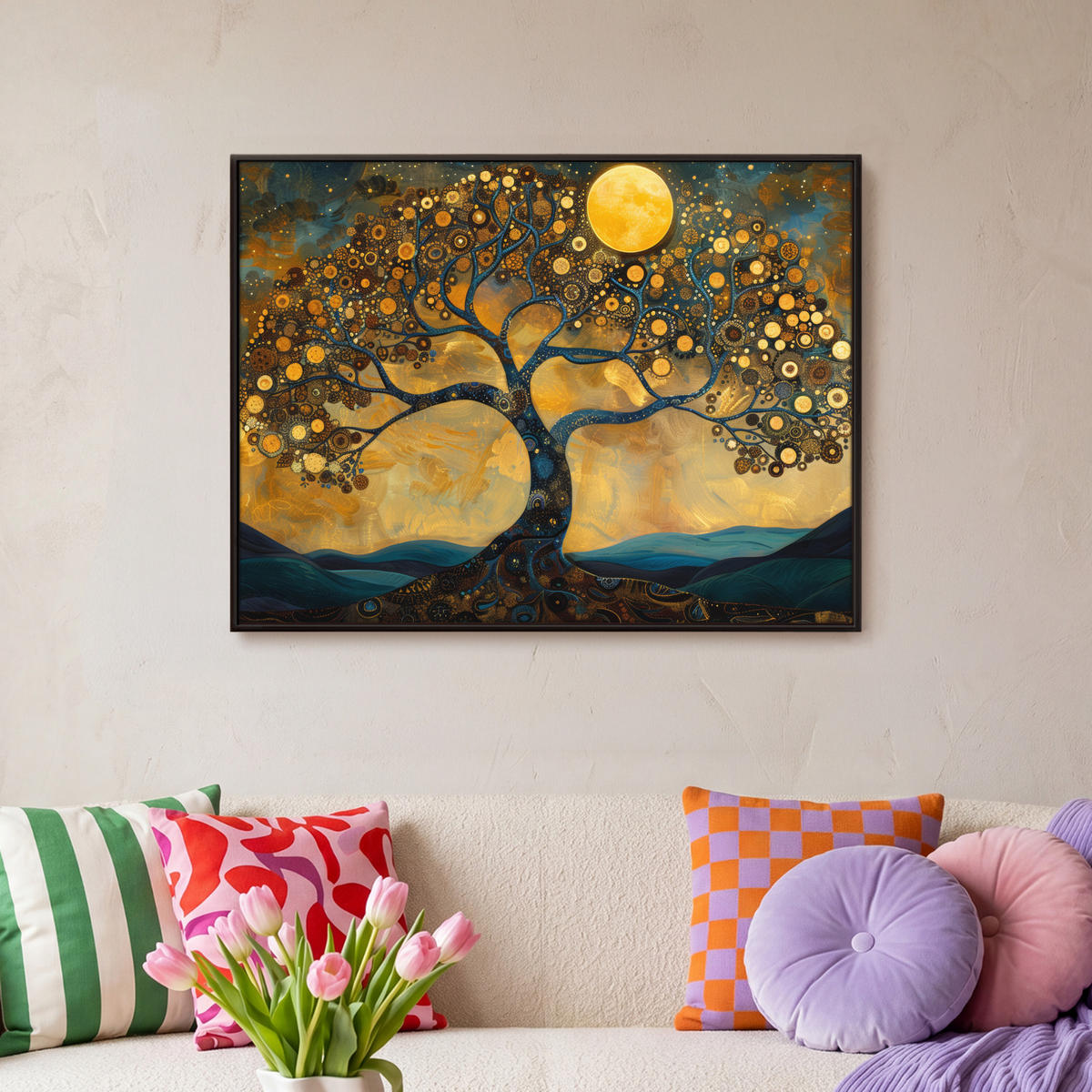 LEINWAND Bilder mit Rahmen - Baum - Mond - Blumen - Gold - Kunst - 80x60 - Orange, Textil (80/60cm) - MuchoWow