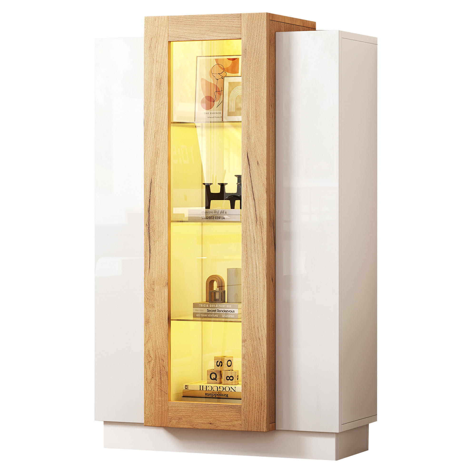 VITRINE 74/40/120 cm in Weiß/Natur mit 3 Türen und LED-Beleuchtung - Weiß, Holzwerkstoff (74/120/40cm) - Flora Grace