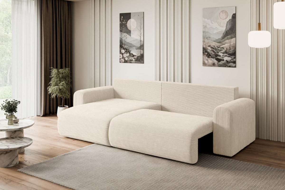 ECKSOFA mit Schlaffunktion und Bettkasten ORRO-L - 272x145x83 cm Beige Cord - Beige/Schwarz, Holzwerkstoff/Kunststoff (272/145cm) - ALTDECOR