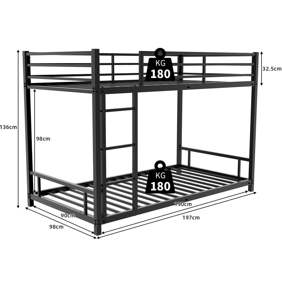 ETAGENBETT 90/180 cm schwarz aus Eisen mit Leiter und Sicherheitsgeländer - Schwarz, Metall (90/200cm) - OKWISH