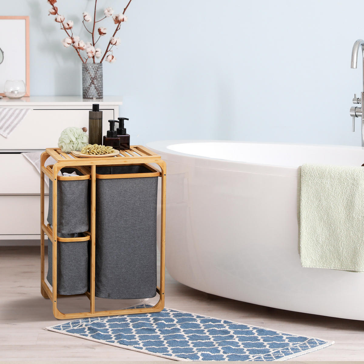 WÄSCHEKORB Wäschebox mit Plattform und 3 abnehmbaren Wäschesacke Wäschesammler - Multicolor, Naturmaterialien (32/69.7/50cm) - HOMCOM