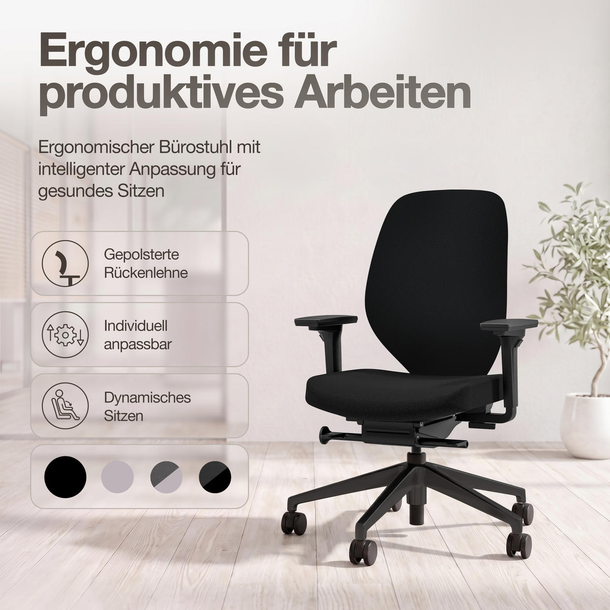 DREHSTUHL Ergonomischer Bürostuhl Atessa mit Polsterrücken in schwarz / Keine Schwarz Ergonomischer Polsterrücken - Schwarz, Textil (62.5/99.8/45cm) - ASSMANN
