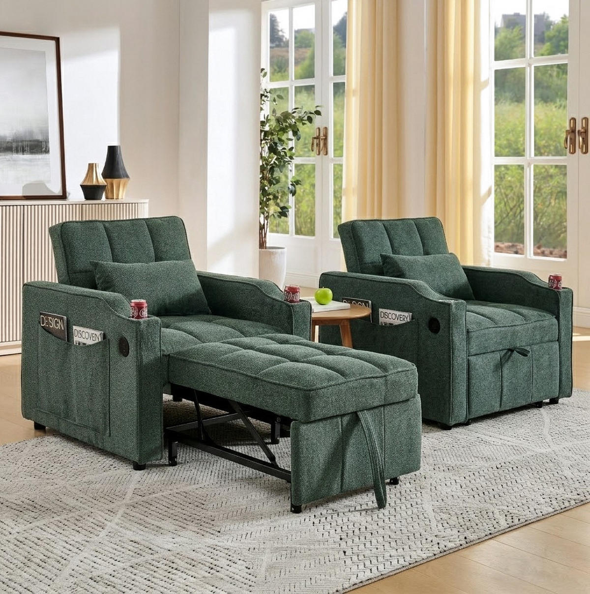 SCHLAFSESSEL 3-in-1 mit Liegefunktion 190 cm Stoff - Grün, Holz (85/86/190cm) - Meubliv