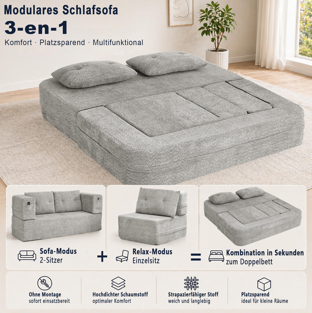 SCHLAFSOFA klappbar als 2-in-1 Modulsystem mit Sessel, Memory-Schaum und Seitentaschen, Hellgrau - Hellgrau, Textil (199/39/194cm) - Redom