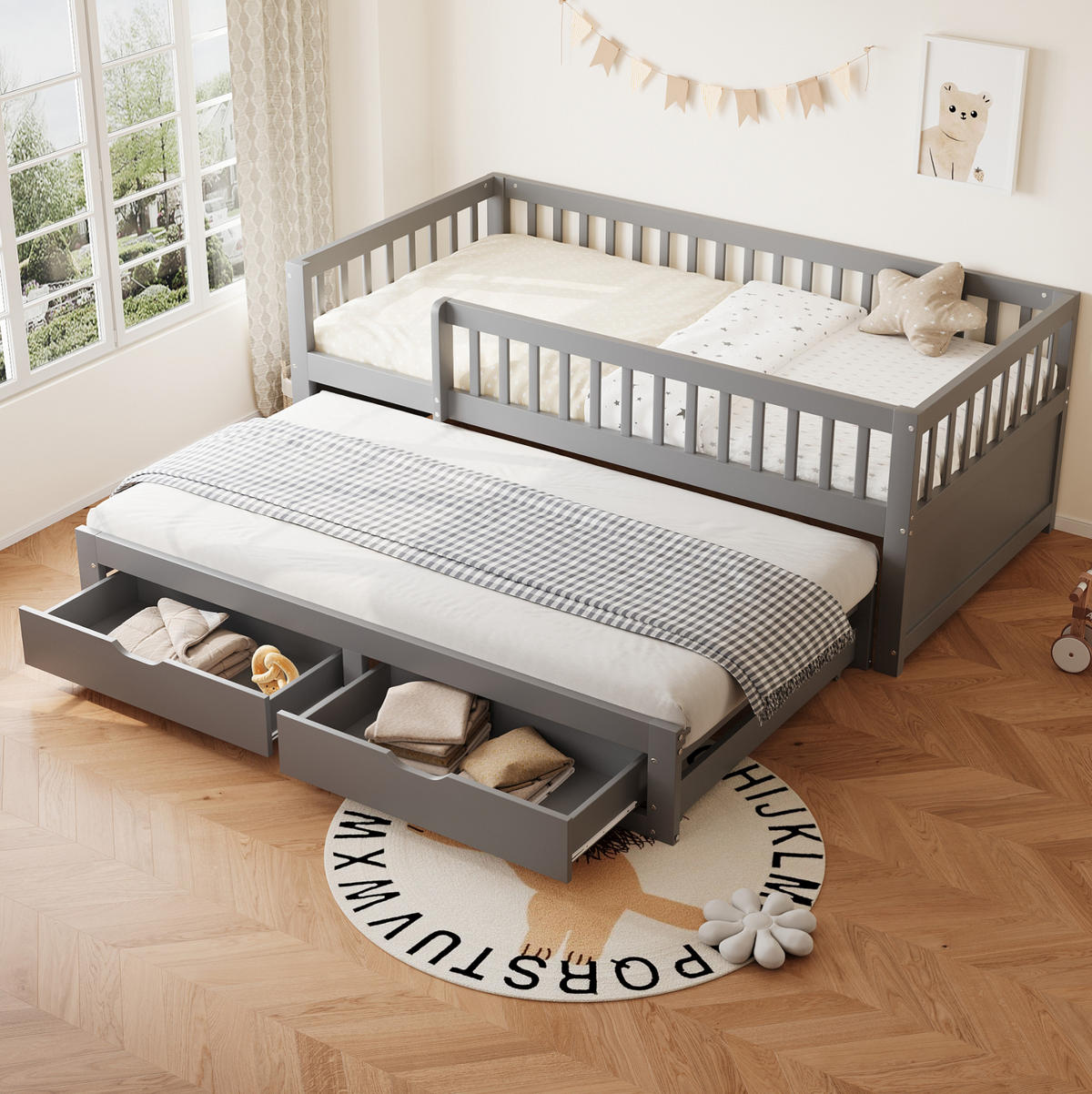 KINDERBETT aus Massivholz 90x200 cm in Grau mit Ausziehbett & 2 Schubladen - Grau, Holz (90/200cm) - Modfu