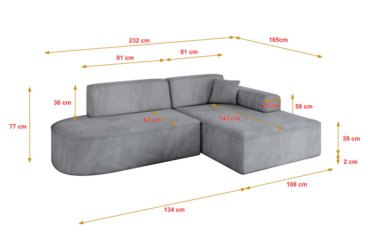 ECKSOFA Ottomane Rechts IREA-L1-v3 - 232x165x77 cm Grau - Titanfarben, Holzwerkstoff/Textil (232/165cm) - ALTDECOR